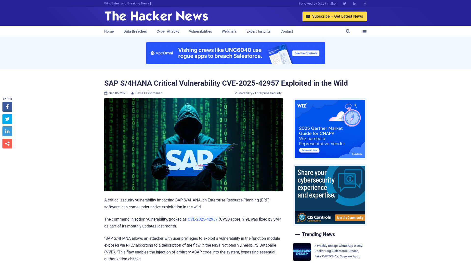 SAP S/4HANA Critical Vulnerability CVE-2025-42957 Exploited in the Wild