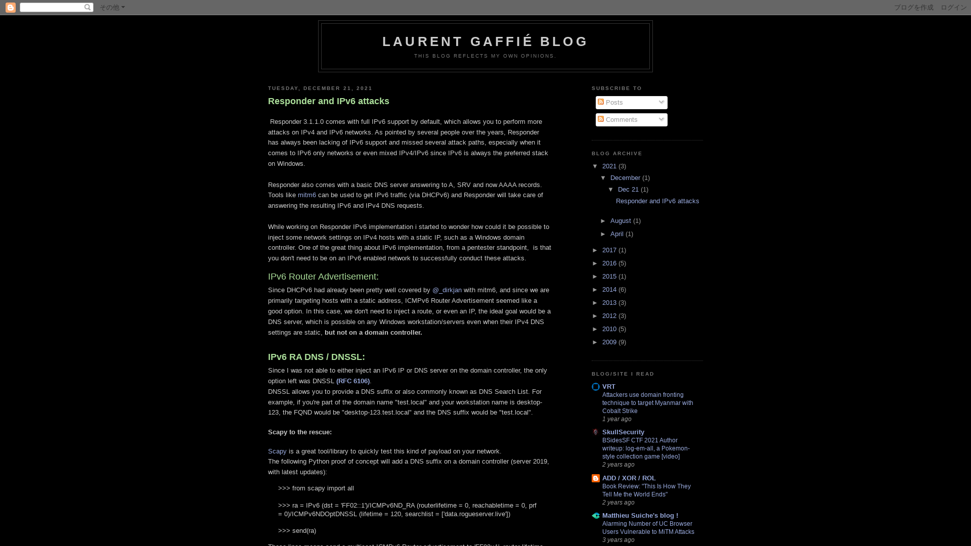 Laurent Gaffié blog: Responder and IPv6 attacks