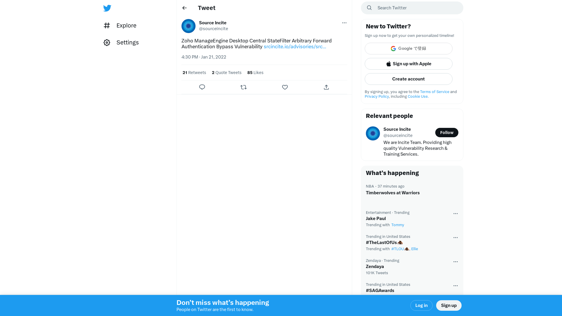 Source Incite on Twitter: "Zoho ManageEngine Desktop Central StateFilter Arbitrary Forward Authentication Bypass Vulnerability https://t.co/pHffCBLFA0" / Twitter
