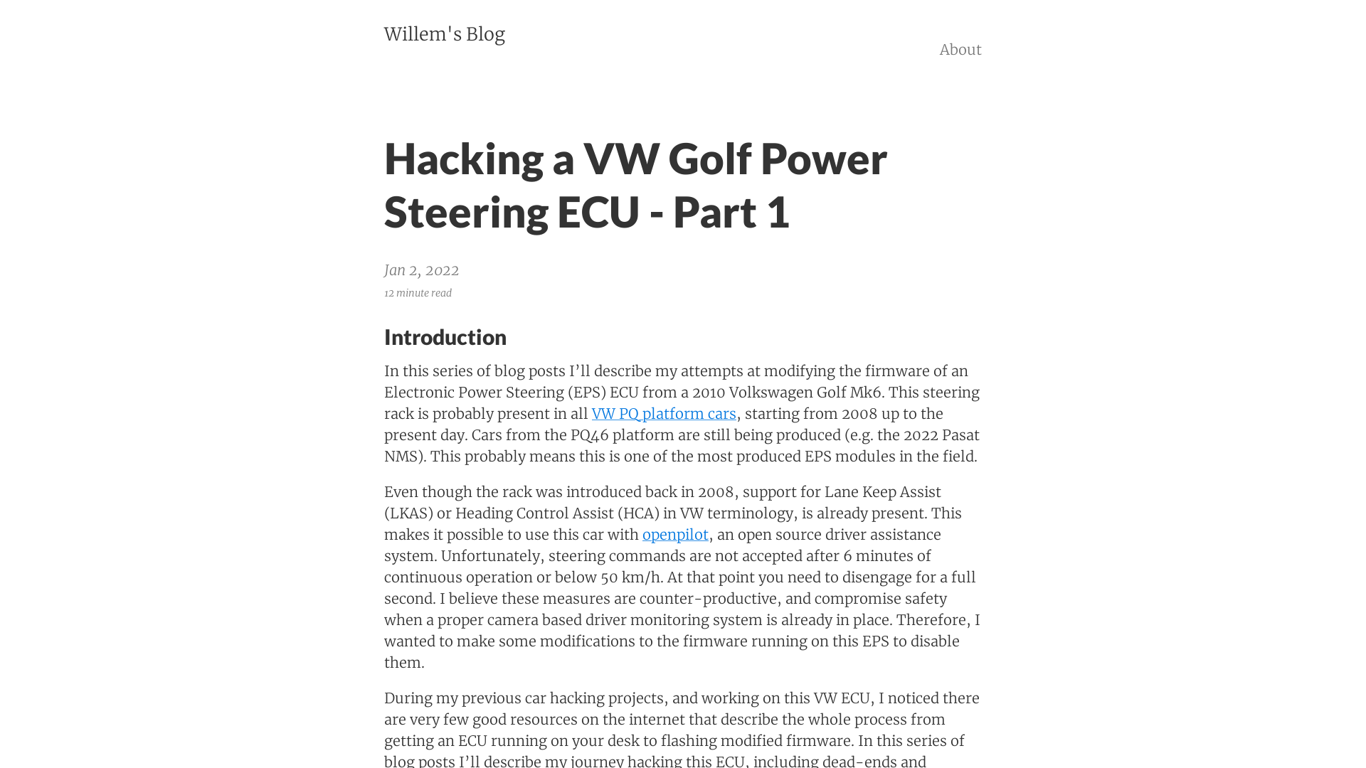 Hacking a VW Golf Power Steering ECU - Part 1 – Willem's Blog