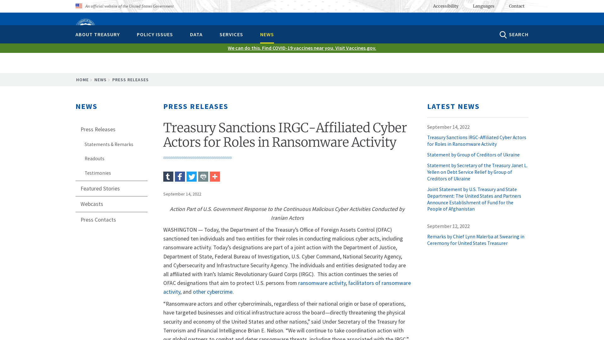 Treasury Sanctions IRGC-Affiliated Cyber Actors for Roles in Ransomware Activity | U.S. Department of the Treasury