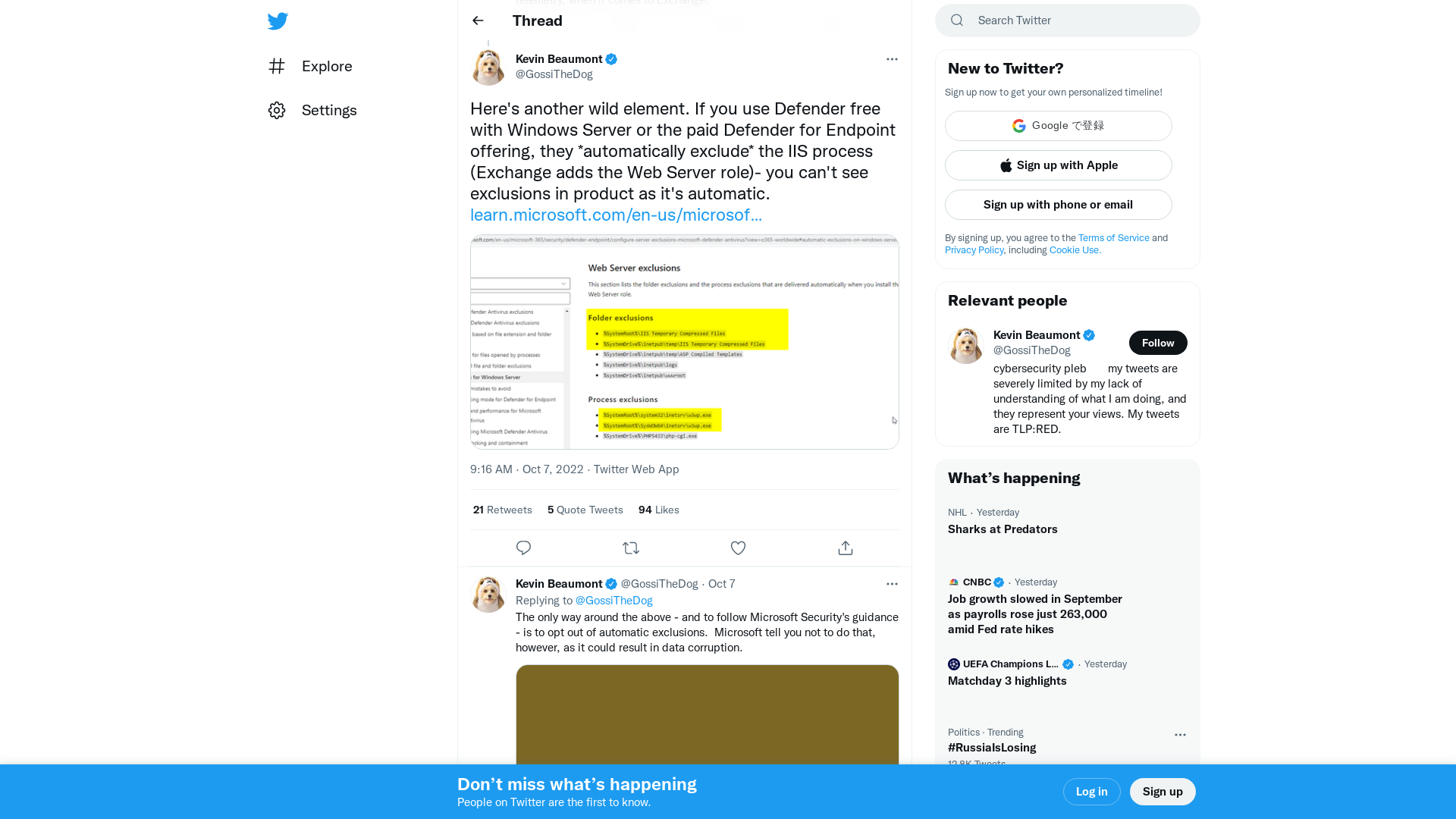 Kevin Beaumont on Twitter: "Here's another wild element. If you use Defender free with Windows Server or the paid Defender for Endpoint offering, they *automatically exclude* the IIS process (Exchange adds the Web Server role)- you can't see exclusions in product as it's automatic. https://t.co/PfeIli9Zdq https://t.co/QhNwxZRSuh" / Twitter