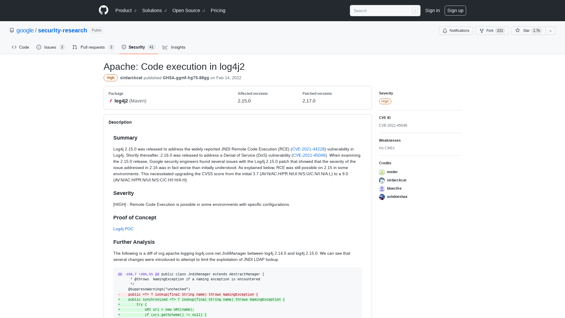 Apache: Code execution in log4j2 · Advisory · google/security-research · GitHub