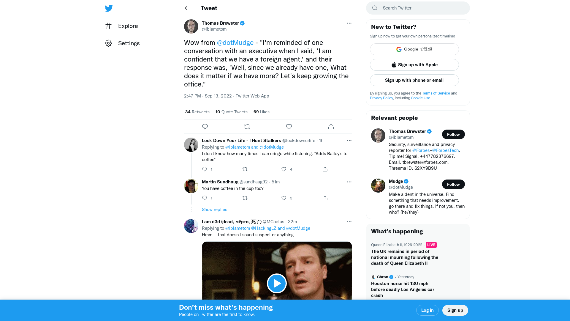 Thomas Brewster on Twitter: "Wow from @dotMudge - "I'm reminded of one conversation with an executive when I said, 'I am confident that we have a foreign agent,' and their response was, 'Well, since we already have one, What does it matter if we have more? Let's keep growing the office."" / Twitter