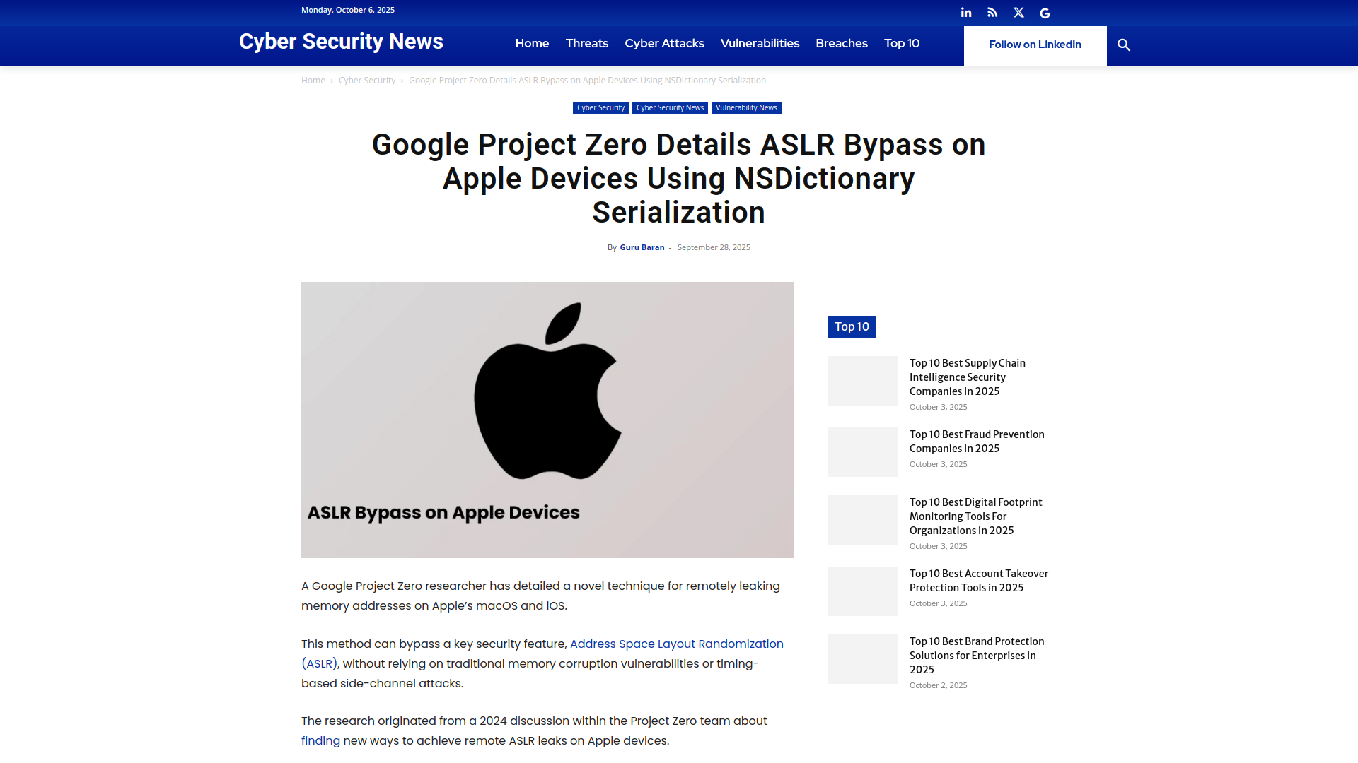 Google Project Zero Details ASLR Bypass on Apple Devices Using NSDictionary Serialization