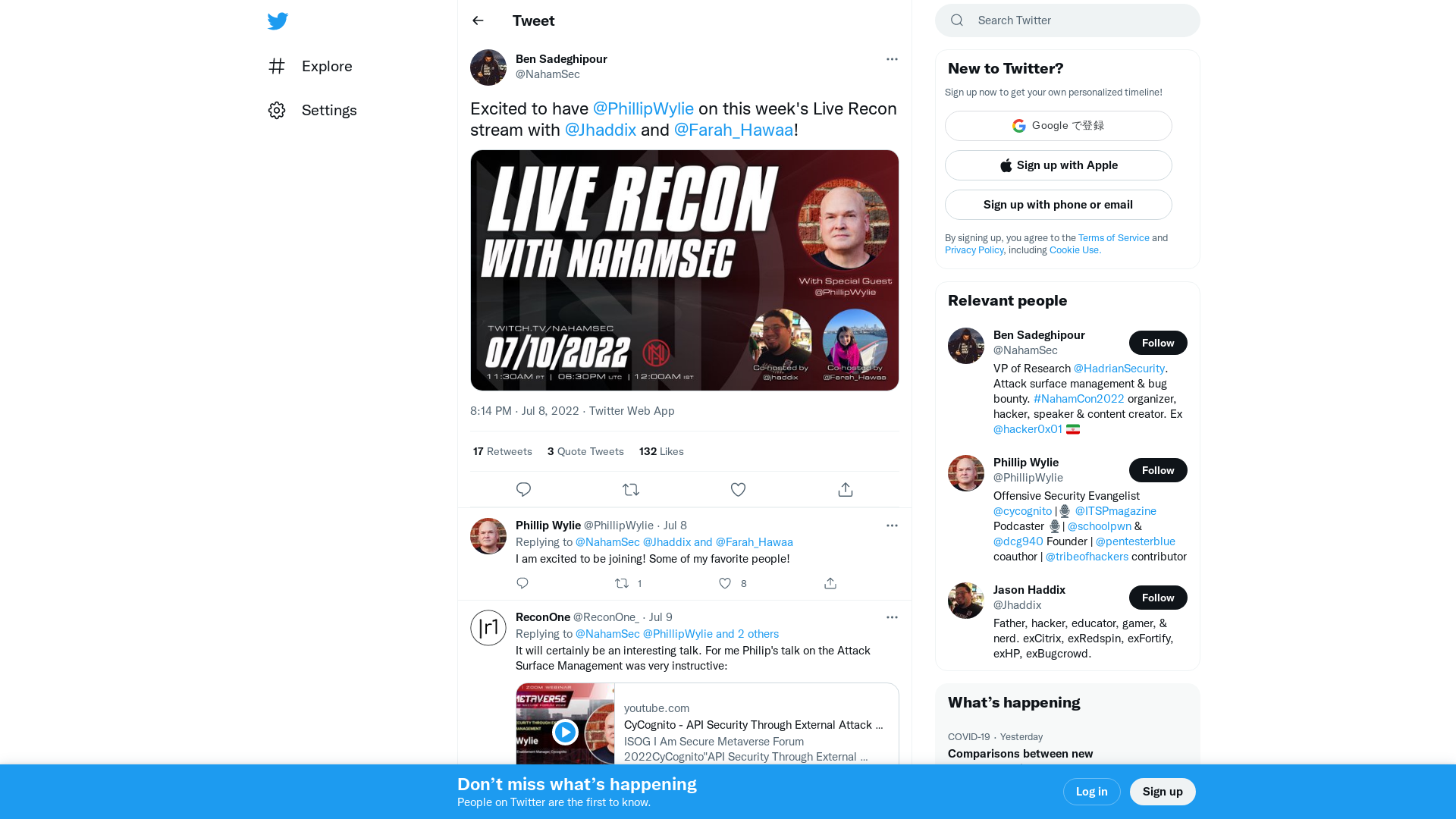 Ben Sadeghipour on Twitter: "Excited to have @PhillipWylie on this week's Live Recon stream with @Jhaddix and @Farah_Hawaa! https://t.co/0aN5pTDhZp" / Twitter