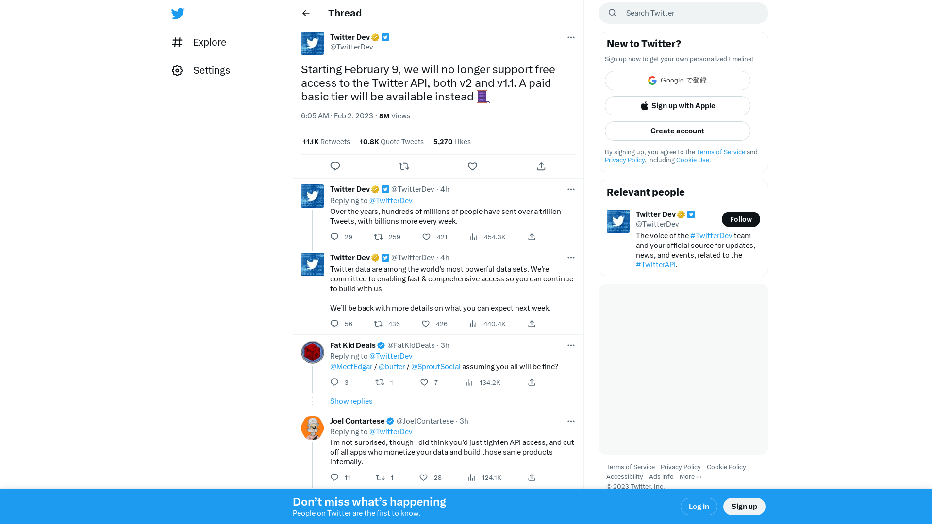 Twitter Dev on Twitter: "Starting February 9, we will no longer support free access to the Twitter API, both v2 and v1.1. A paid basic tier will be available instead 🧵" / Twitter
