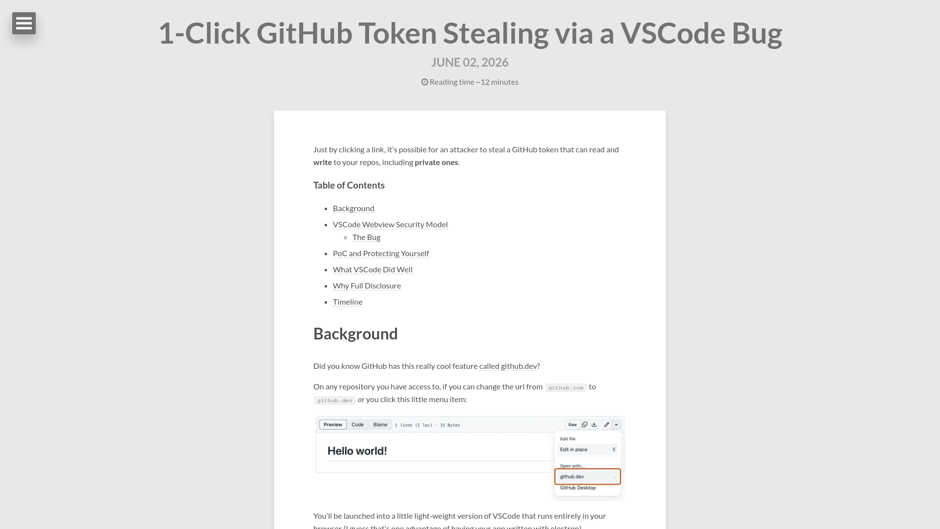 1-Click GitHub Token Stealing via a VSCode Bug – Ammar's Blog