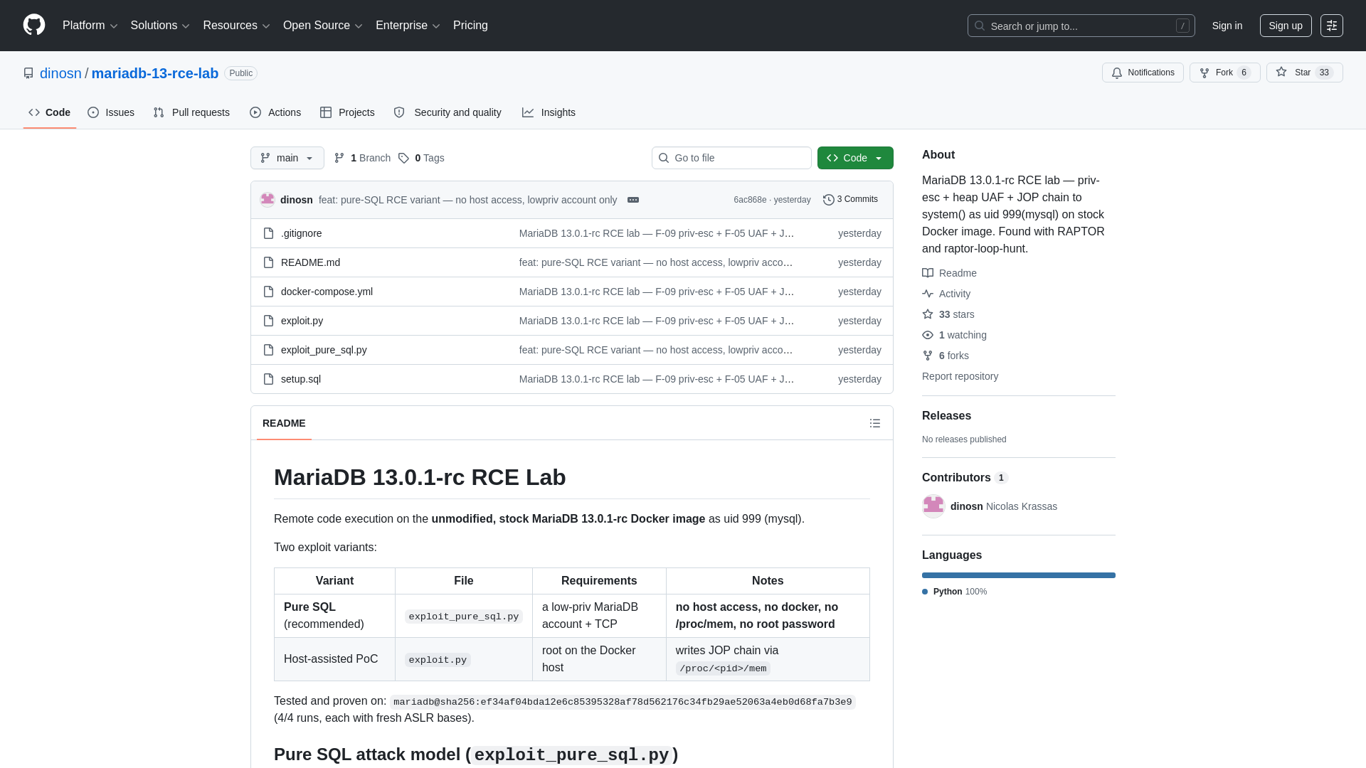 GitHub - dinosn/mariadb-13-rce-lab: MariaDB 13.0.1-rc RCE lab — priv-esc + heap UAF + JOP chain to system() as uid 999(mysql) on stock Docker image. Found with RAPTOR and raptor-loop-hunt. · GitHub