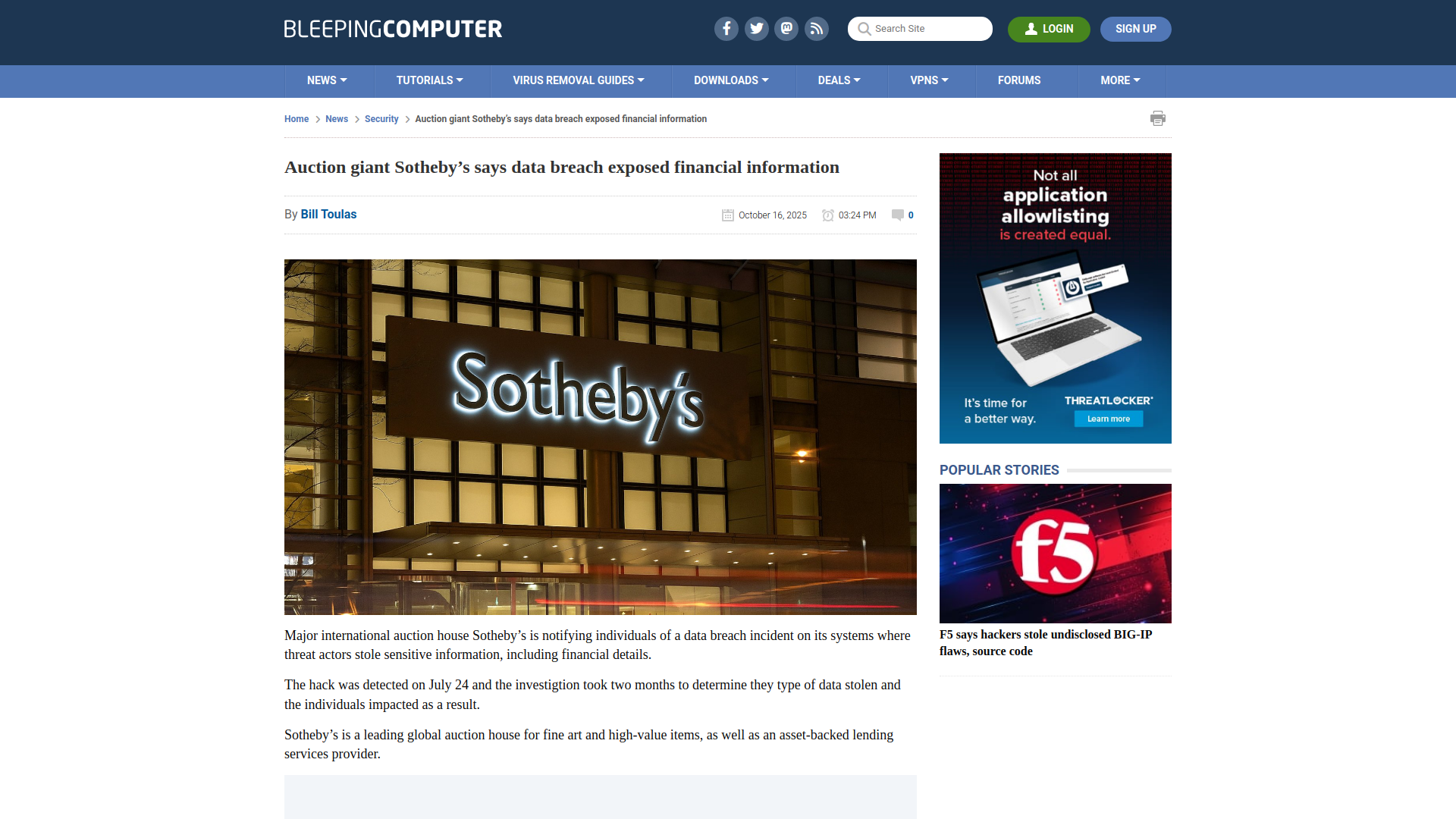 Auction giant Sotheby’s says data breach exposed financial information
