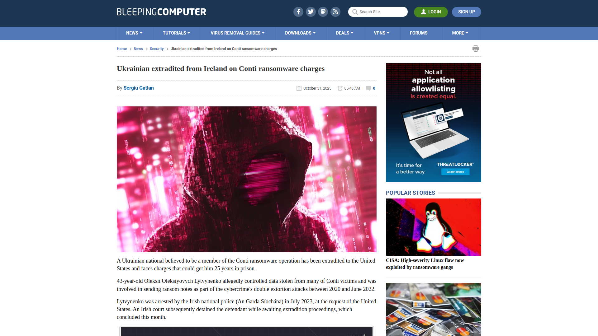Ukrainian extradited from Ireland on Conti ransomware charges