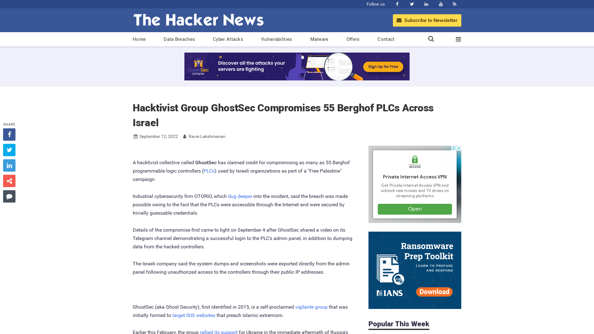 Hacktivist Group GhostSec Compromises 55 Berghof PLCs Across Israel