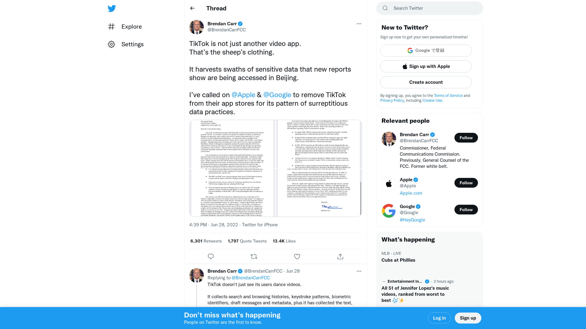 Brendan Carr on Twitter: "TikTok is not just another video app. That’s the sheep’s clothing. It harvests swaths of sensitive data that new reports show are being accessed in Beijing. I’ve called on @Apple & @Google to remove TikTok from their app stores for its pattern of surreptitious data practices. https://t.co/Le01fBpNjn" / Twitter
