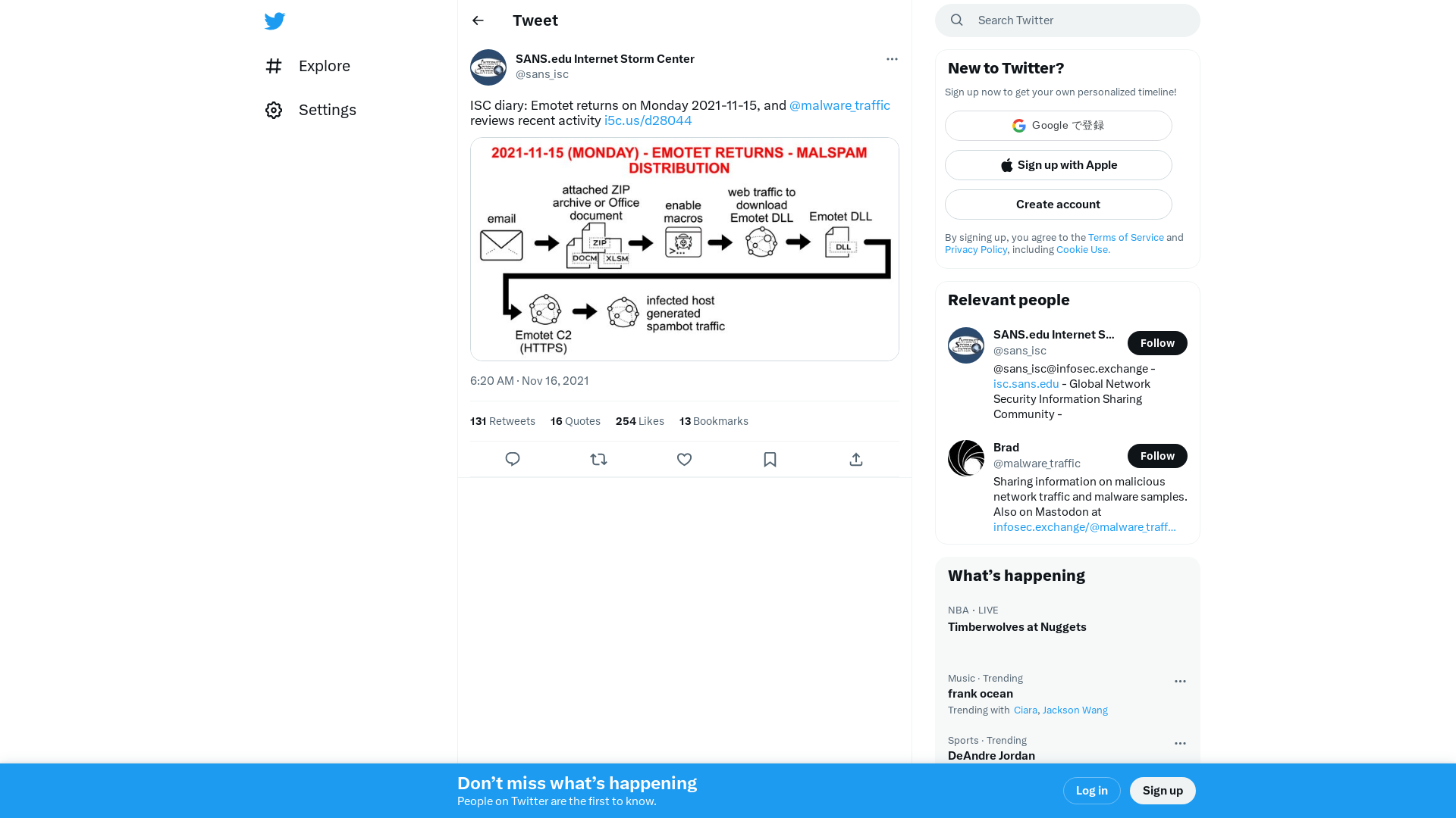 SANS.edu Internet Storm Center on Twitter: "ISC diary: Emotet returns on Monday 2021-11-15, and @malware_traffic reviews recent activity https://t.co/8sTpgLAjX8 https://t.co/Ed8CEqqwBy" / Twitter