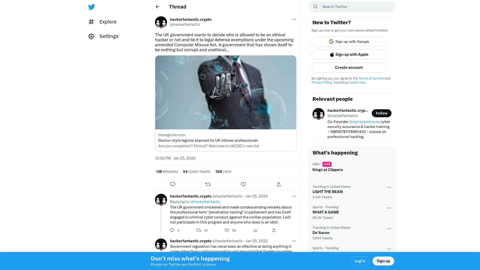 hackerfantastic.crypto on Twitter: "The UK government wants to decide who is allowed to be an ethical hacker or not and tie it to legal defense exemptions under the upcoming amended Computer Misuse Act. A government that has shown itself to be nothing but corrupt and unethical... https://t.co/eIj2x3IYxX" / Twitter