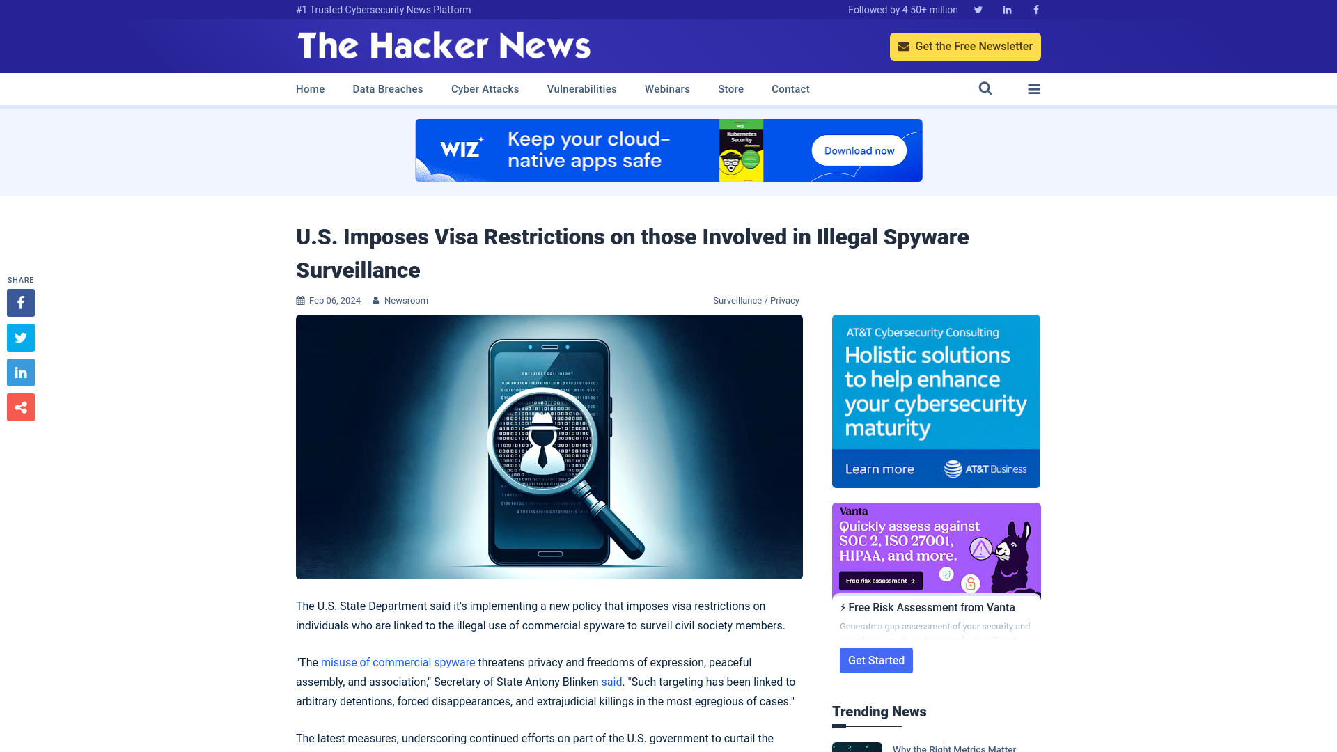 U.S. Imposes Visa Restrictions on those Involved in Illegal Spyware Surveillance