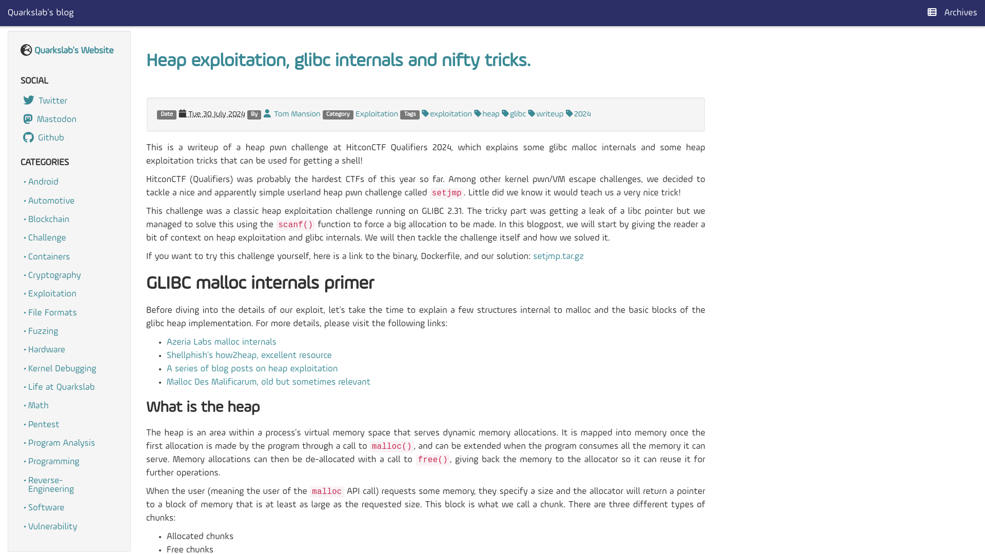 Heap exploitation, glibc internals and nifty tricks. - Quarkslab's blog