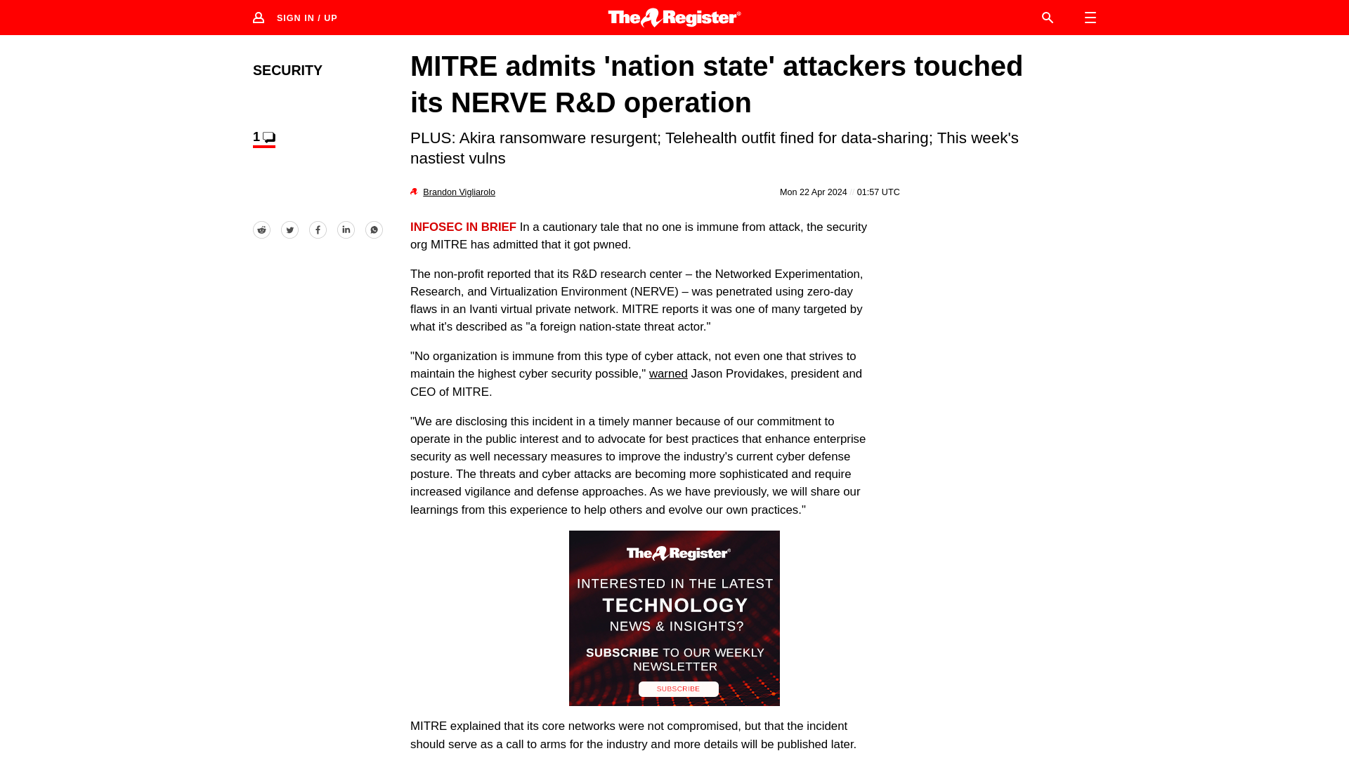 Mitre says 'nation state' attackers touched its NERVE • The Register