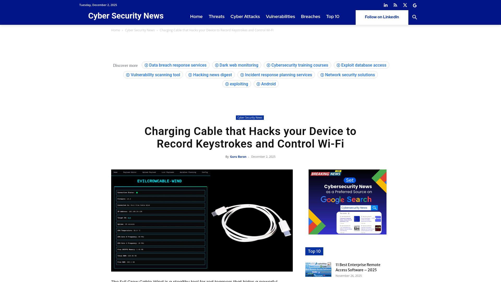 Charging Cable that Hacks your Device to Record Keystrokes and Control Wi-Fi