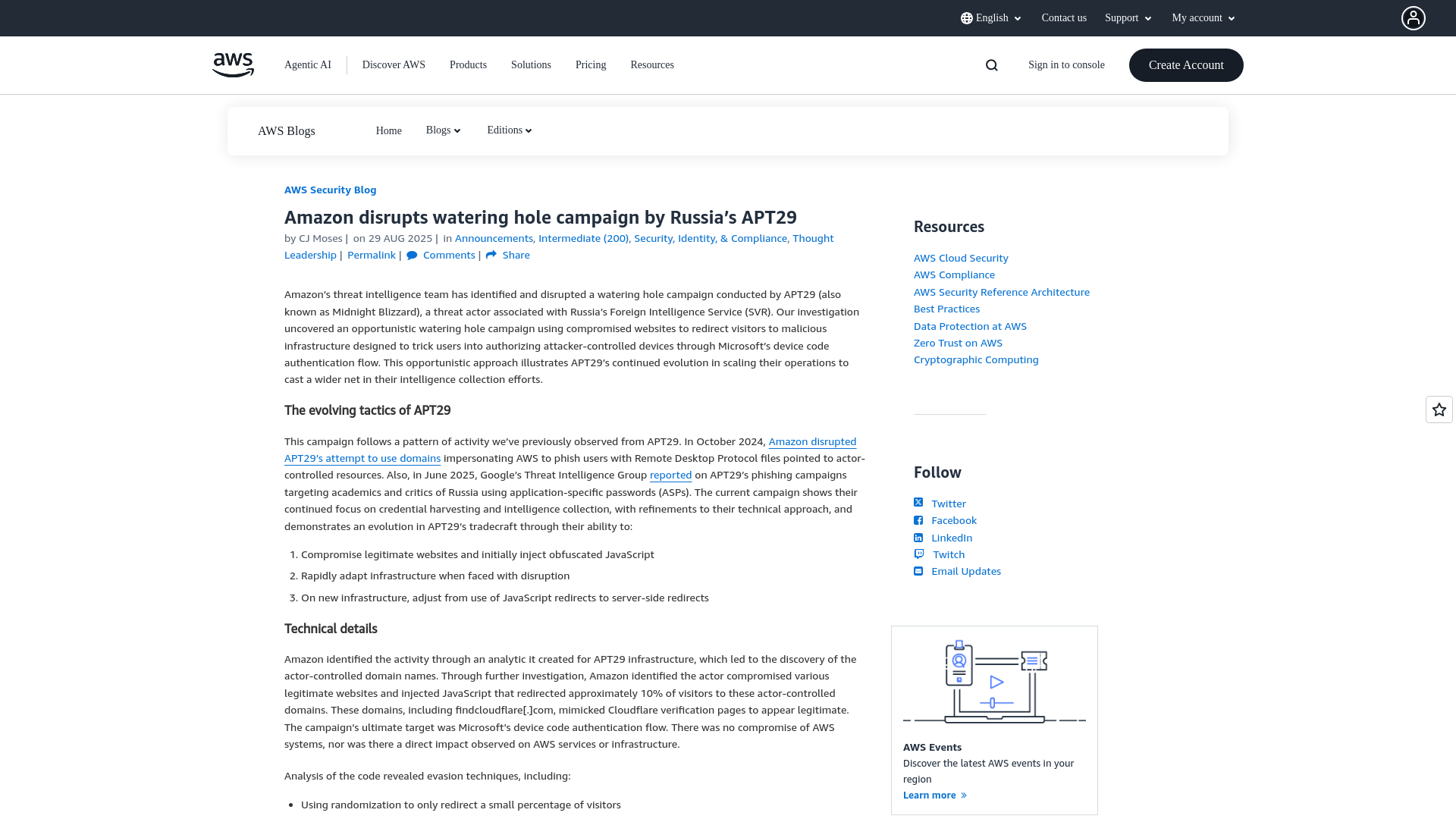 Amazon disrupts watering hole campaign by Russia’s APT29 | AWS Security Blog