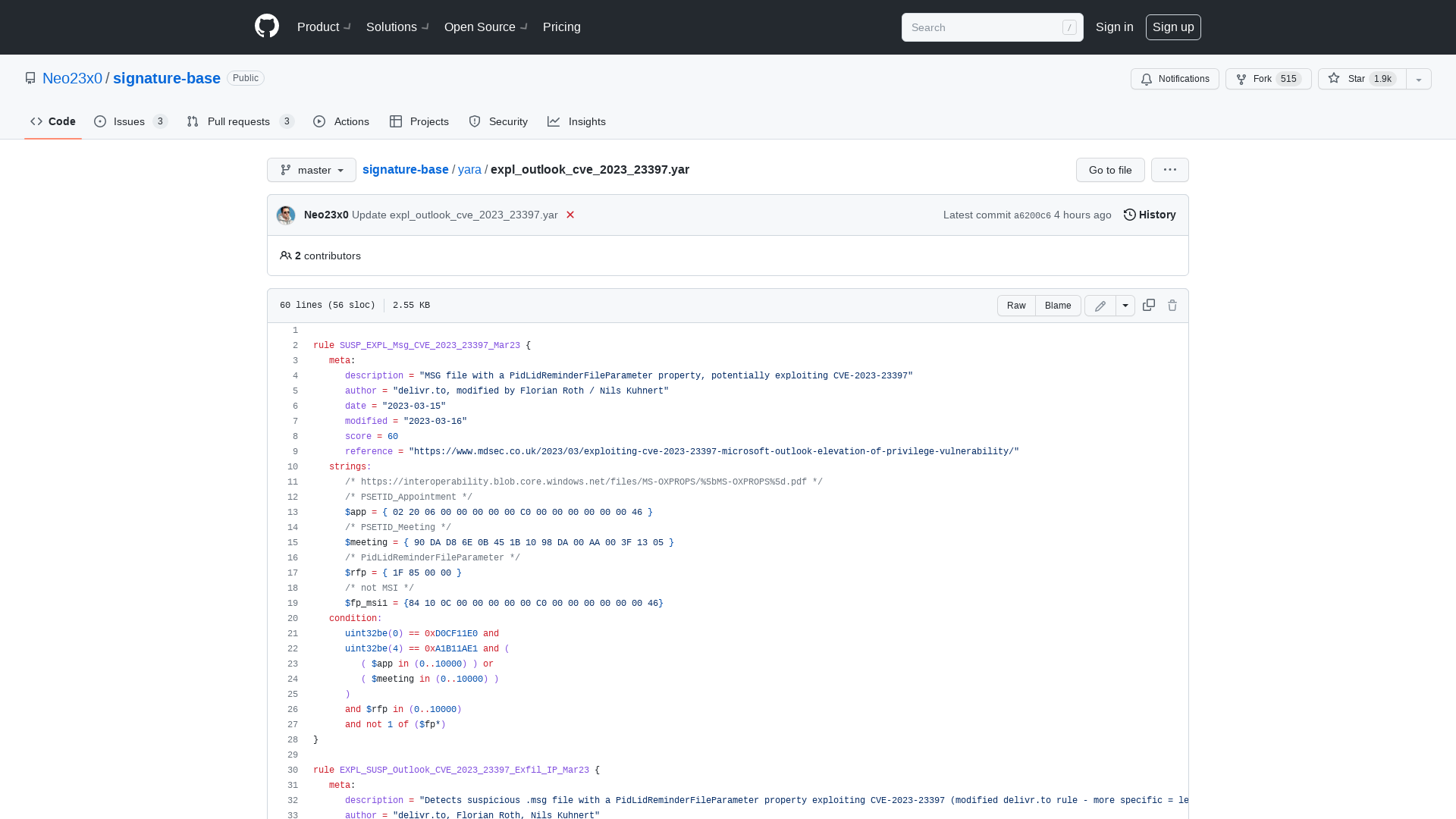 signature-base/expl_outlook_cve_2023_23397.yar at master · Neo23x0/signature-base · GitHub
