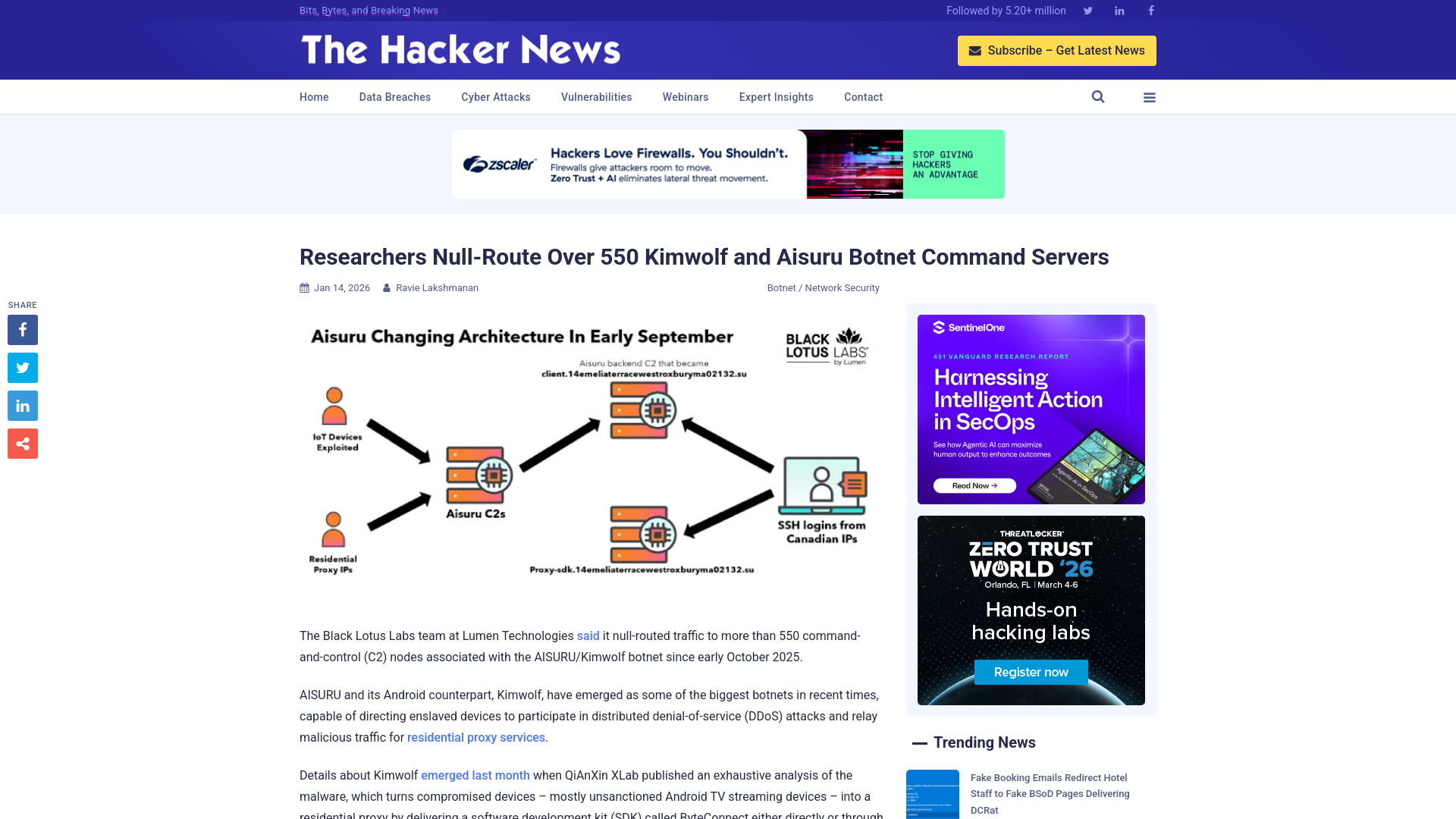 Researchers Null-Route Over 550 Kimwolf and Aisuru Botnet Command Servers