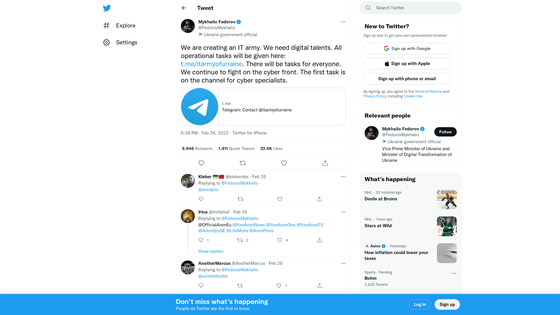 Mykhailo Fedorov on Twitter: "We are creating an IT army. We need digital talents. All operational tasks will be given here: https://t.co/Ie4ESfxoSn. There will be tasks for everyone. We continue to fight on the cyber front. The first task is on the channel for cyber specialists." / Twitter