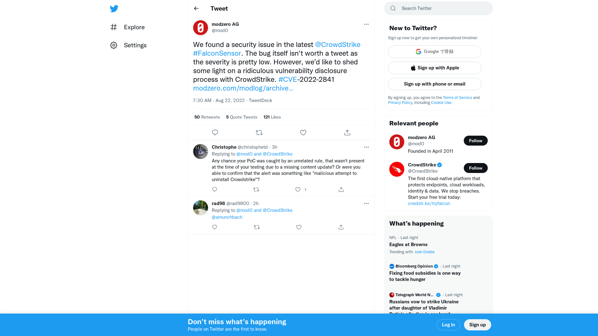 modzero AG on Twitter: "We found a security issue in the latest @CrowdStrike #FalconSensor. The bug itself isn't worth a tweet as the severity is pretty low. However, we’d like to shed some light on a ridiculous vulnerability disclosure process with CrowdStrike. #CVE-2022-2841 https://t.co/HFtL0uBQ6v" / Twitter