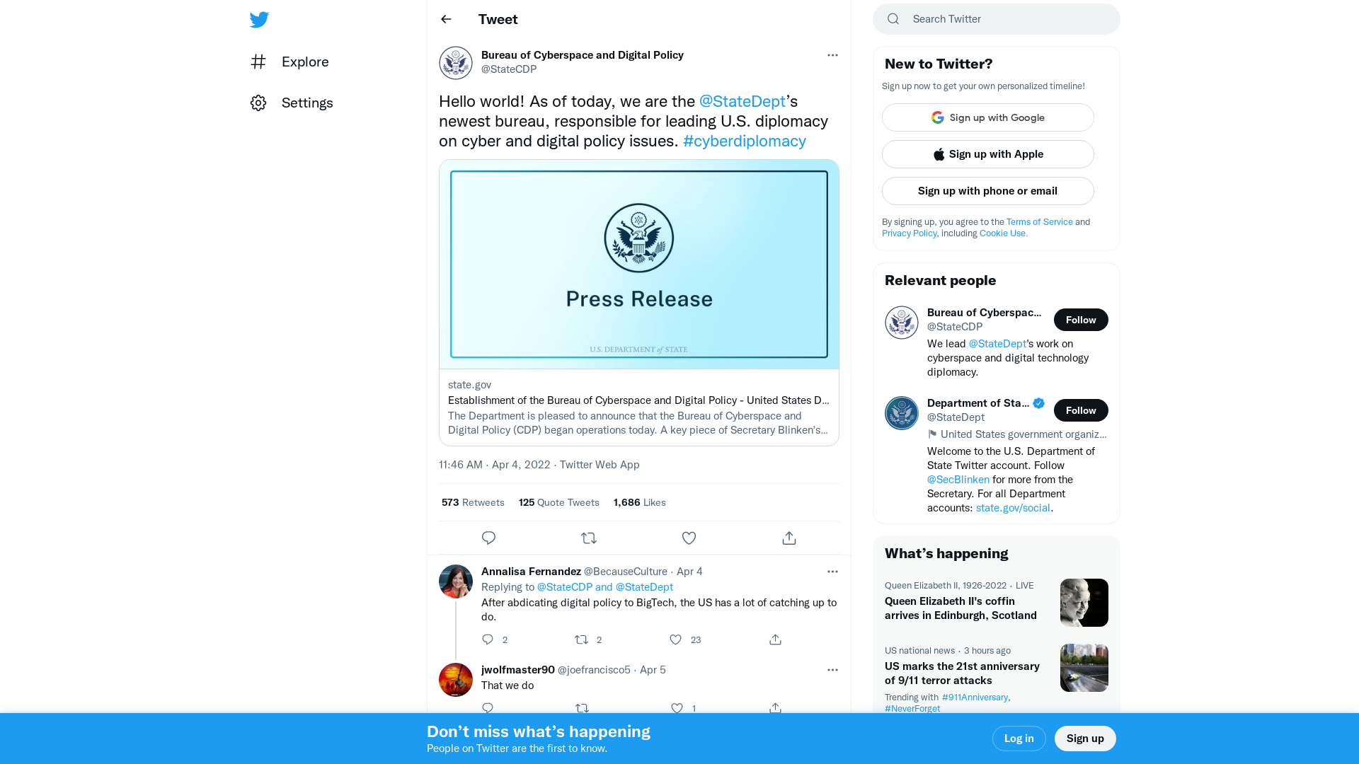 Bureau of Cyberspace and Digital Policy on Twitter: "Hello world! As of today, we are the @StateDept’s newest bureau, responsible for leading U.S. diplomacy on cyber and digital policy issues. #cyberdiplomacy https://t.co/UYSLJZRHUQ" / Twitter