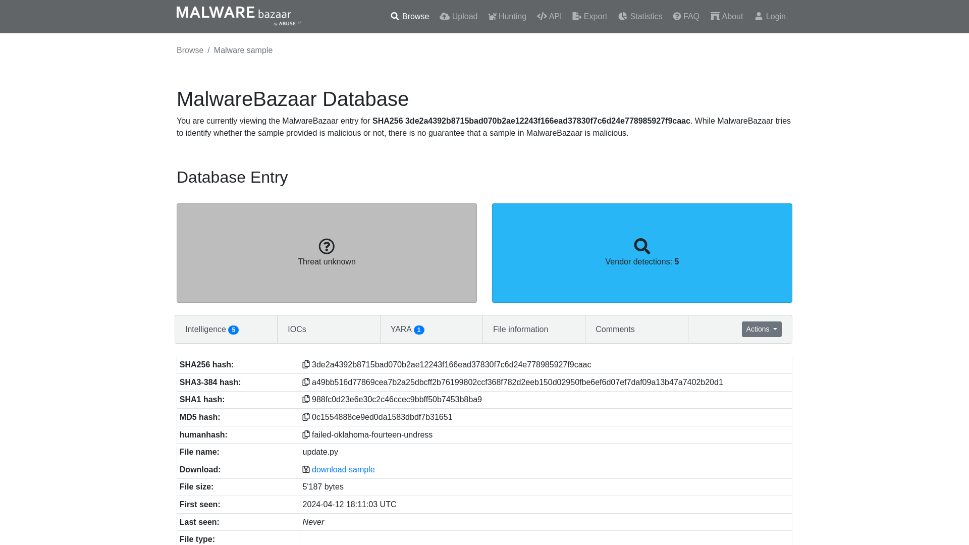 MalwareBazaar | SHA256 3de2a4392b8715bad070b2ae12243f166ead37830f7c6d24e778985927f9caac