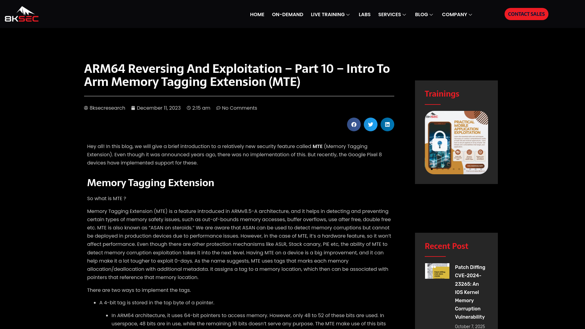 ARM64 Reversing And Exploitation – Part 10 – Intro to Arm Memory Tagging Extension (MTE) - 8kSec