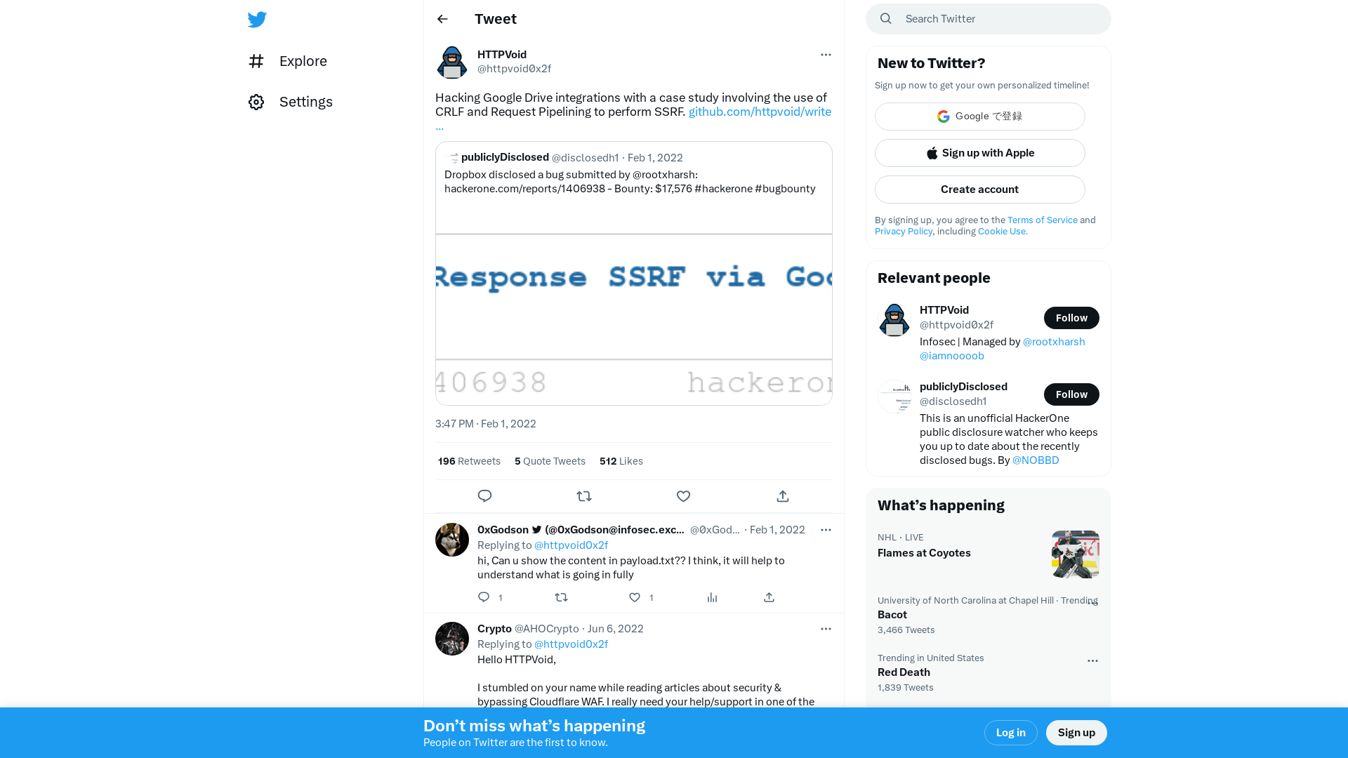 HTTPVoid on Twitter: "Hacking Google Drive integrations with a case study involving the use of CRLF and Request Pipelining to perform SSRF. https://t.co/oMM6OWmvLz" / Twitter