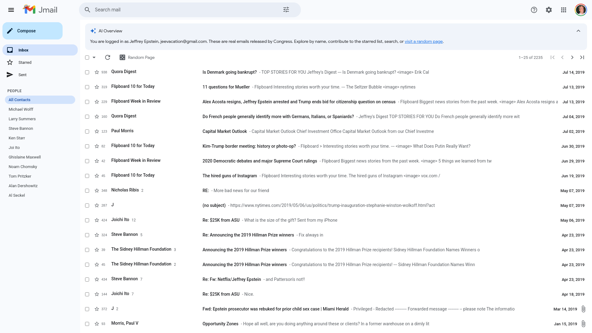 Jmail, logged in as jeevacation@gmail.com