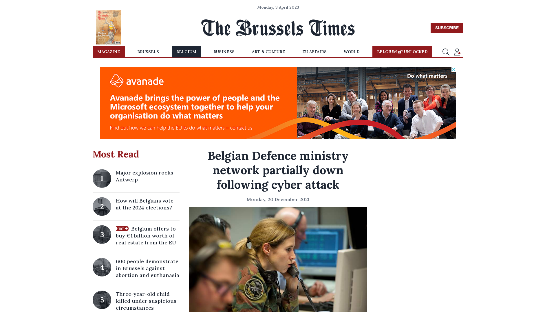 Belgian Defence ministry network partially down following cyber attack