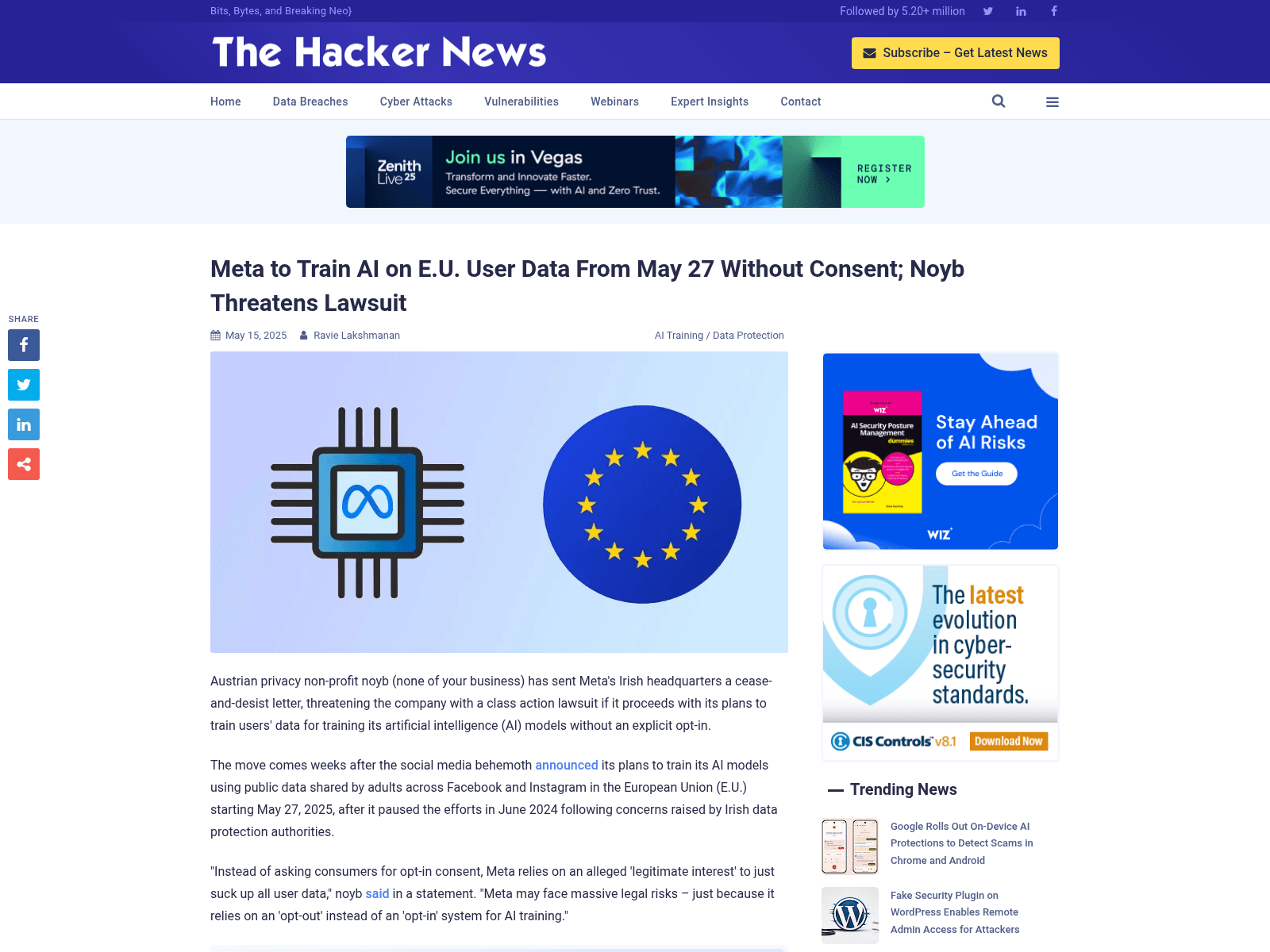 Meta to Train AI on E.U. User Data From May 27 Without Consent; Noyb Threatens Lawsuit