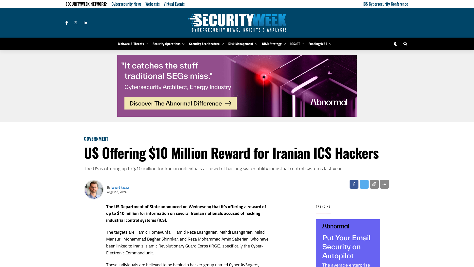 US Offering $10 Million Reward for Iranian ICS Hackers - SecurityWeek