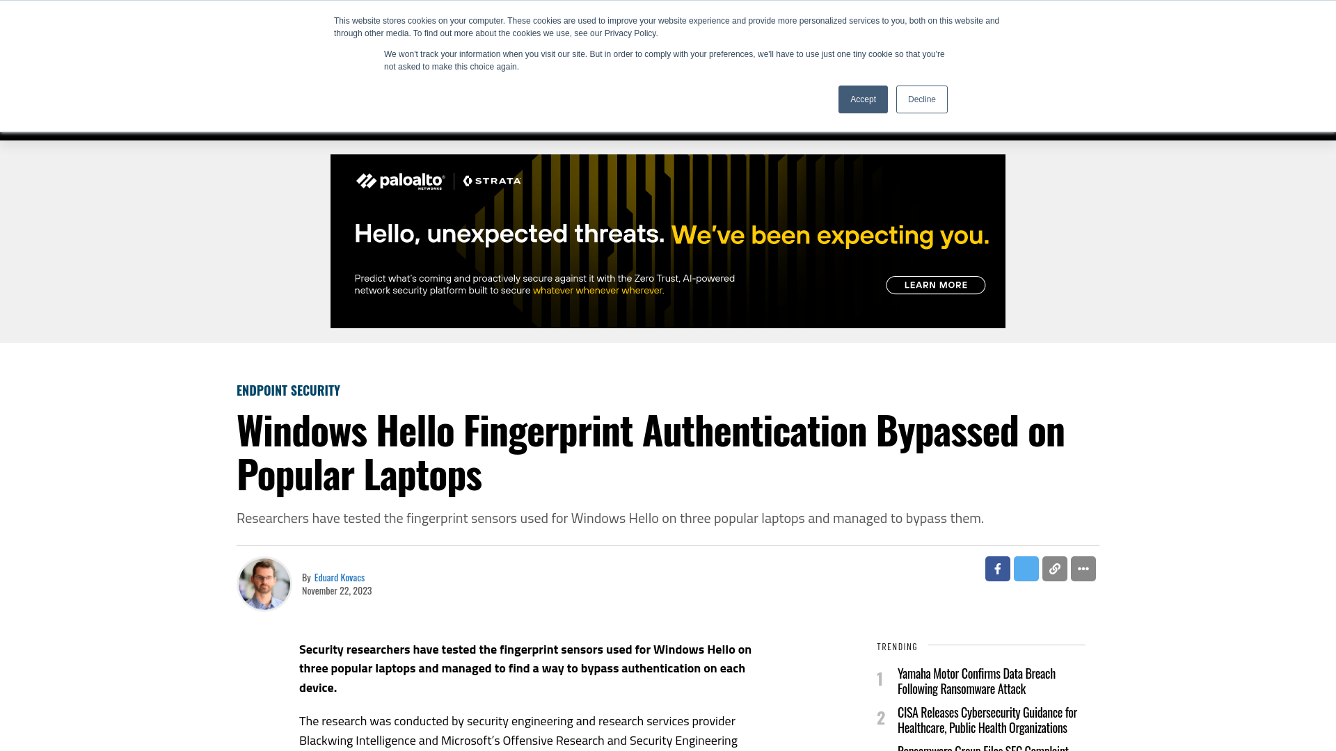 Windows Hello Fingerprint Authentication Bypassed on Popular Laptops - SecurityWeek