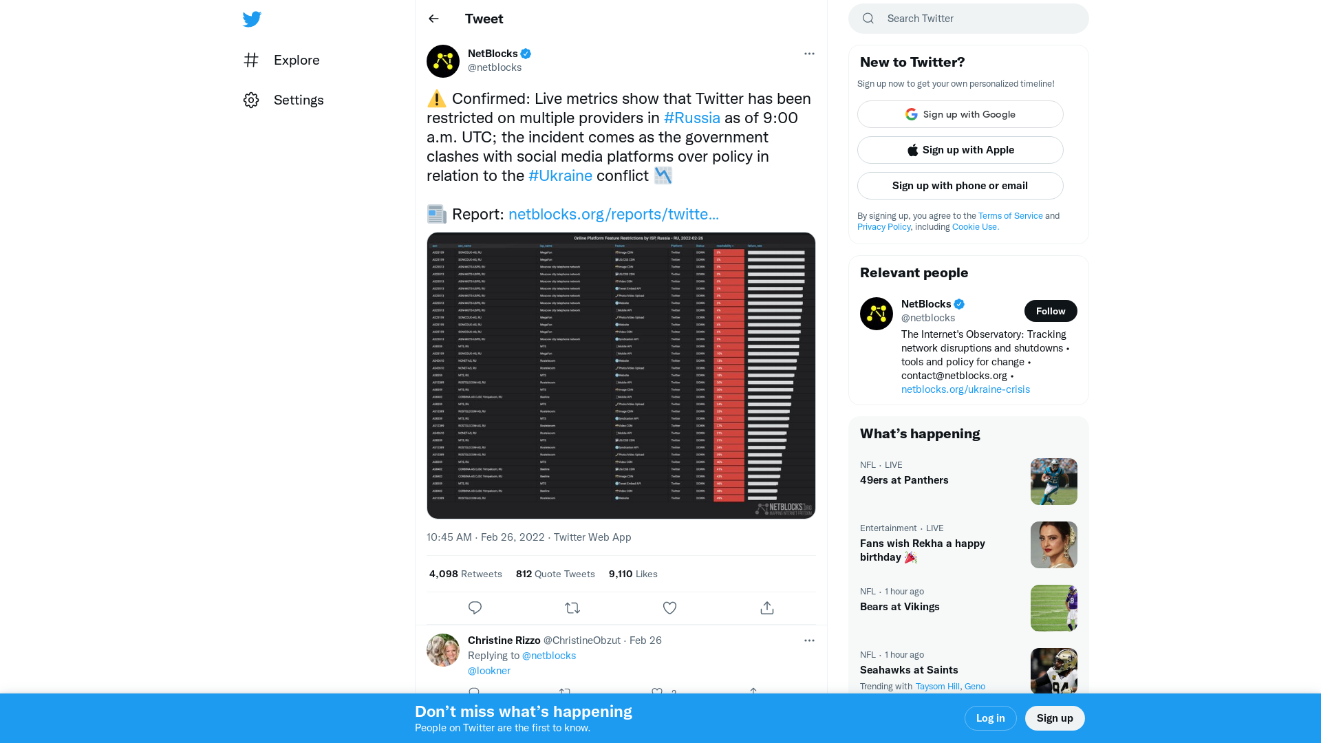 NetBlocks on Twitter: "⚠️ Confirmed: Live metrics show that Twitter has been restricted on multiple providers in #Russia as of 9:00 a.m. UTC; the incident comes as the government clashes with social media platforms over policy in relation to the #Ukraine conflict 📉 📰 Report: https://t.co/ihPX8fb86s https://t.co/nGrcHzjIXd" / Twitter
