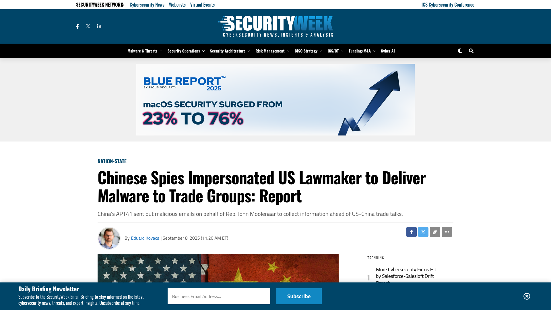 Chinese Spies Impersonated US Lawmaker to Deliver Malware to Trade Groups: Report - SecurityWeek