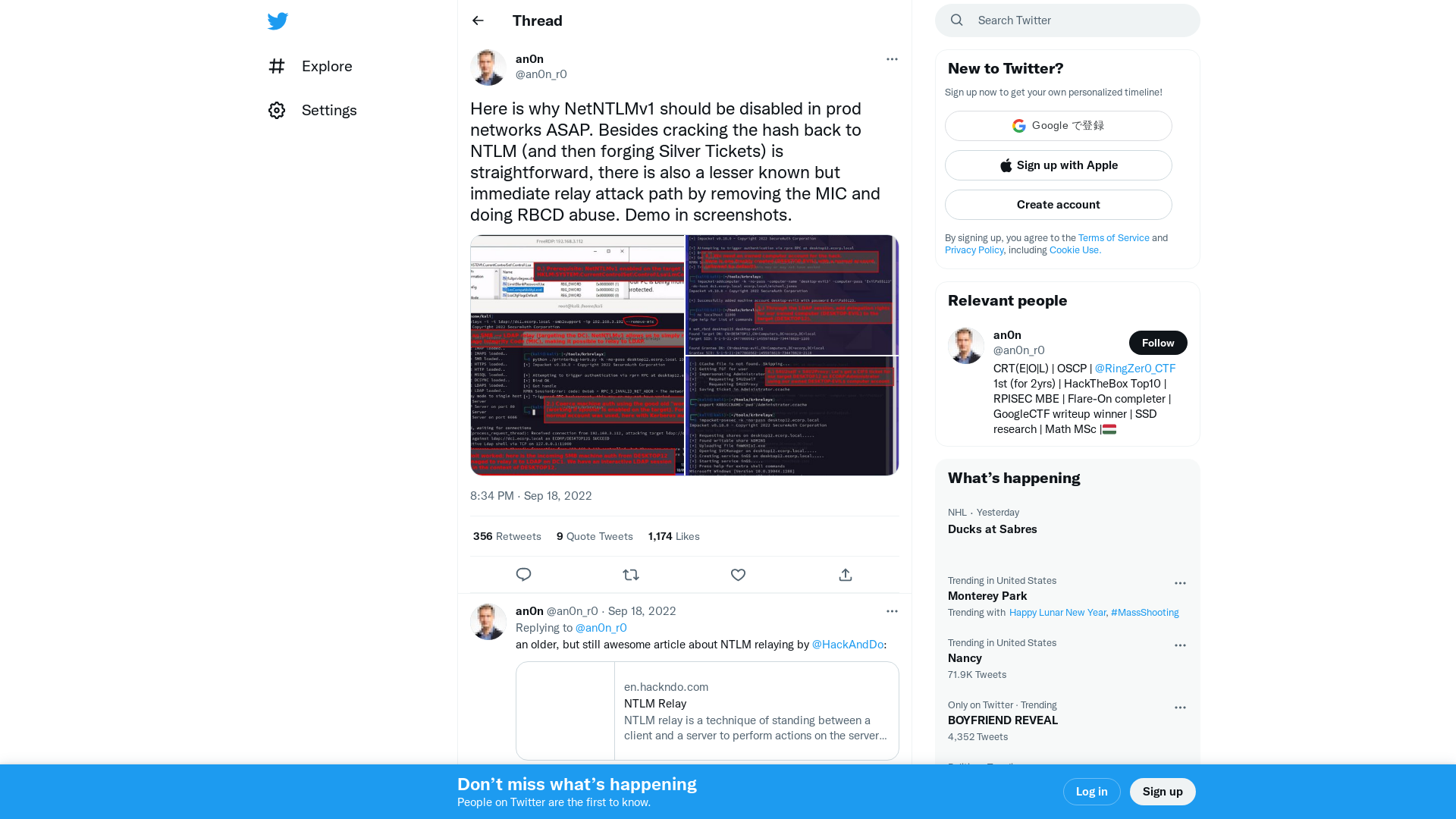 an0n on Twitter: "Here is why NetNTLMv1 should be disabled in prod networks ASAP. Besides cracking the hash back to NTLM (and then forging Silver Tickets) is straightforward, there is also a lesser known but immediate relay attack path by removing the MIC and doing RBCD abuse. Demo in screenshots. https://t.co/0LlnKltWqD" / Twitter