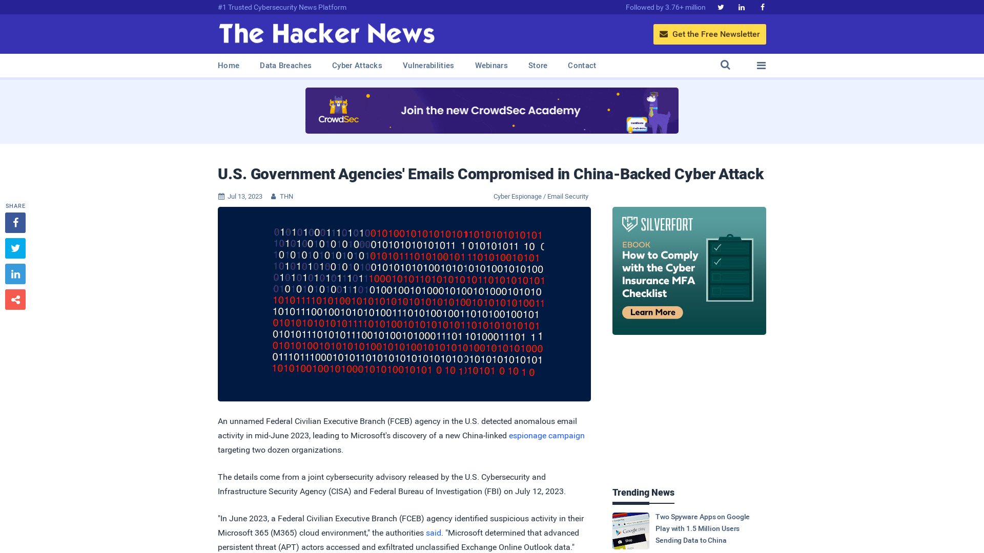U.S. Government Agencies' Emails Compromised in China-Backed Cyber Attack