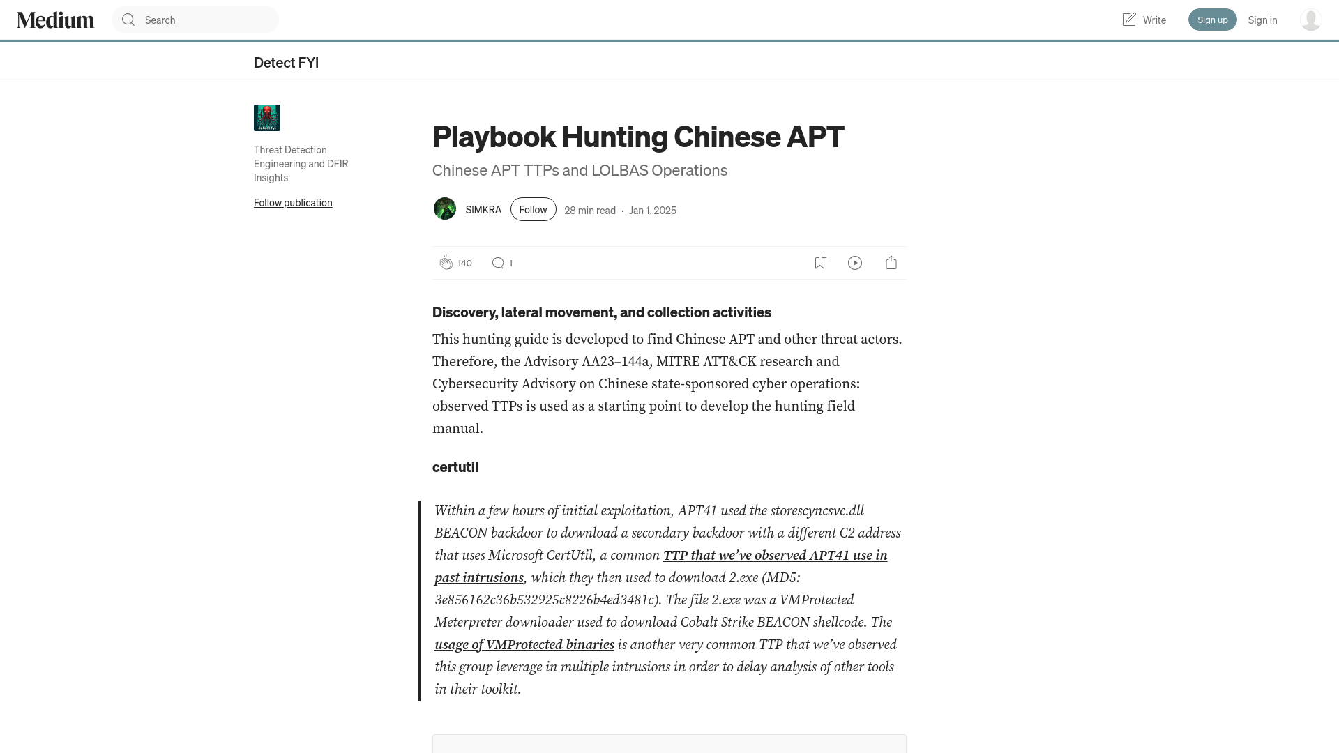 Playbook Hunting Chinese APT. Chinese APT TTPs and LOLBAS Operations | by SIMKRA | Detect FYI
