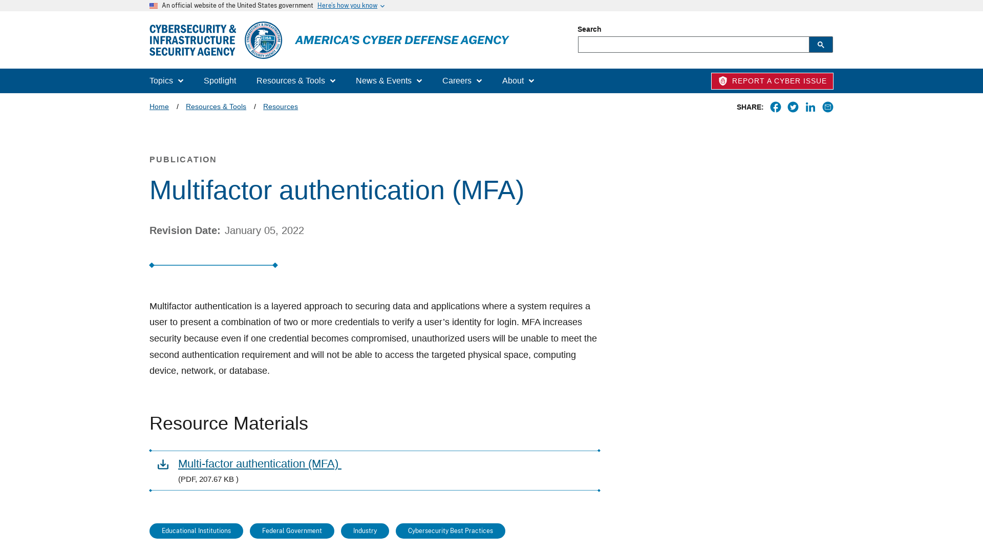 Multifactor authentication (MFA)  | CISA