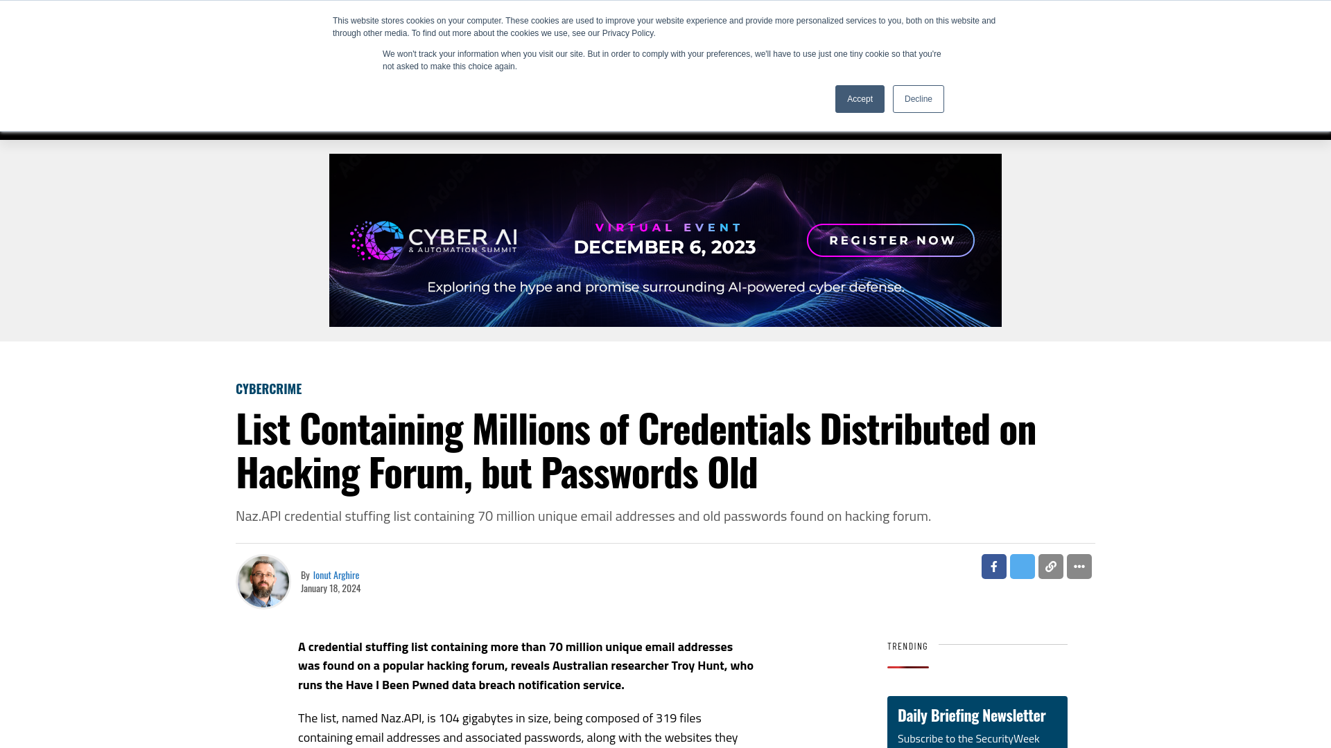 List Containing Millions of Credentials Distributed on Hacking Forum, but Passwords Old - SecurityWeek