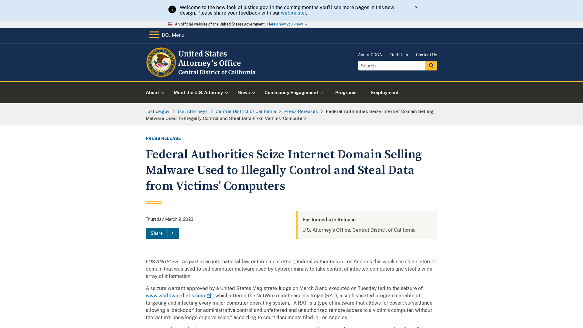 Central District of California | Federal Authorities Seize Internet Domain Selling Malware Used to Illegally Control and Steal Data from Victims’ Computers | United States Department of Justice