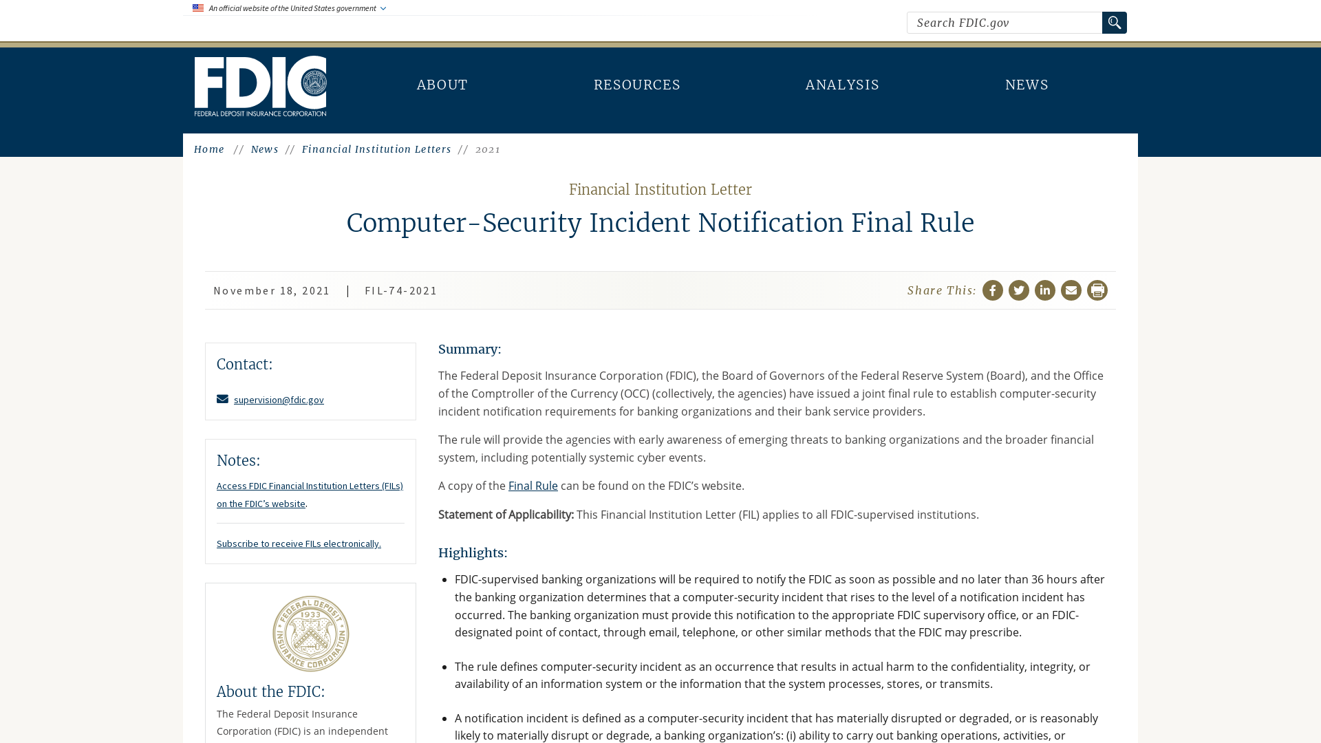 FDIC: FIL-74-2021: Computer-Security Incident Notification Final Rule