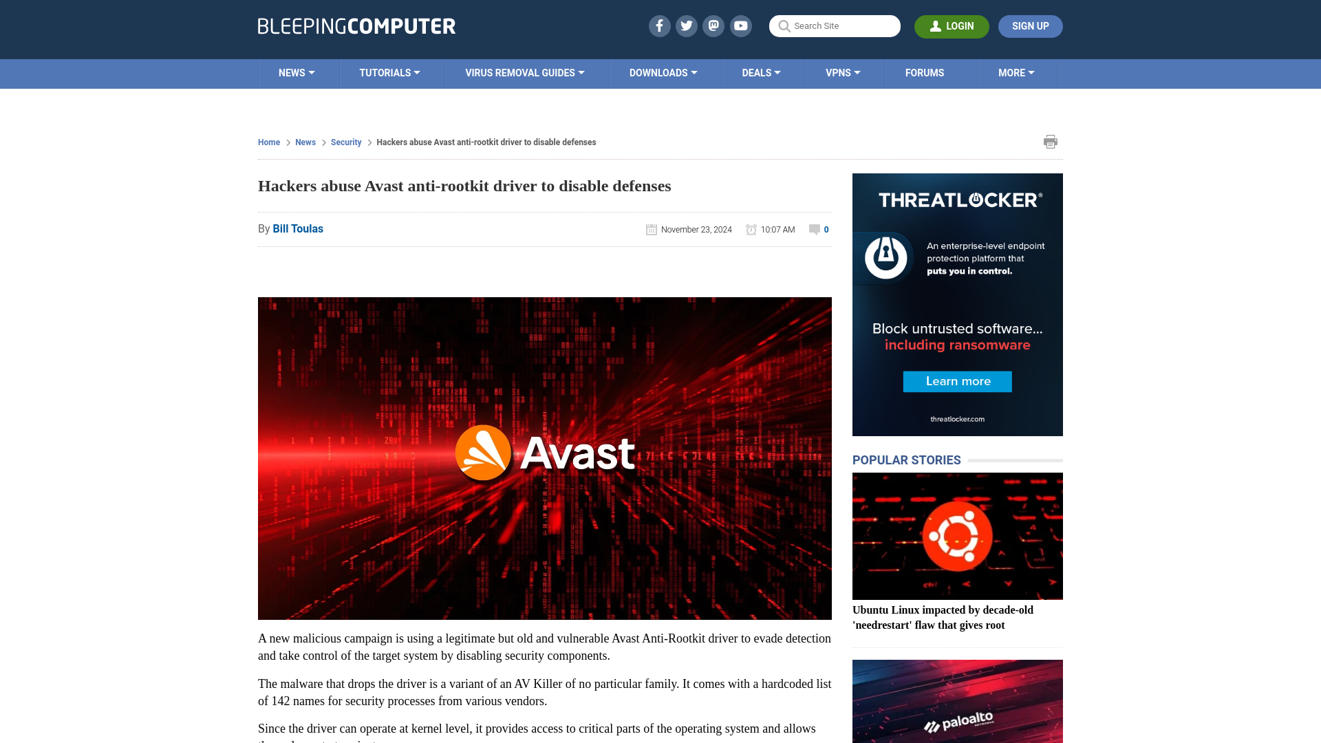 Hackers abuse Avast anti-rootkit driver to disable defenses