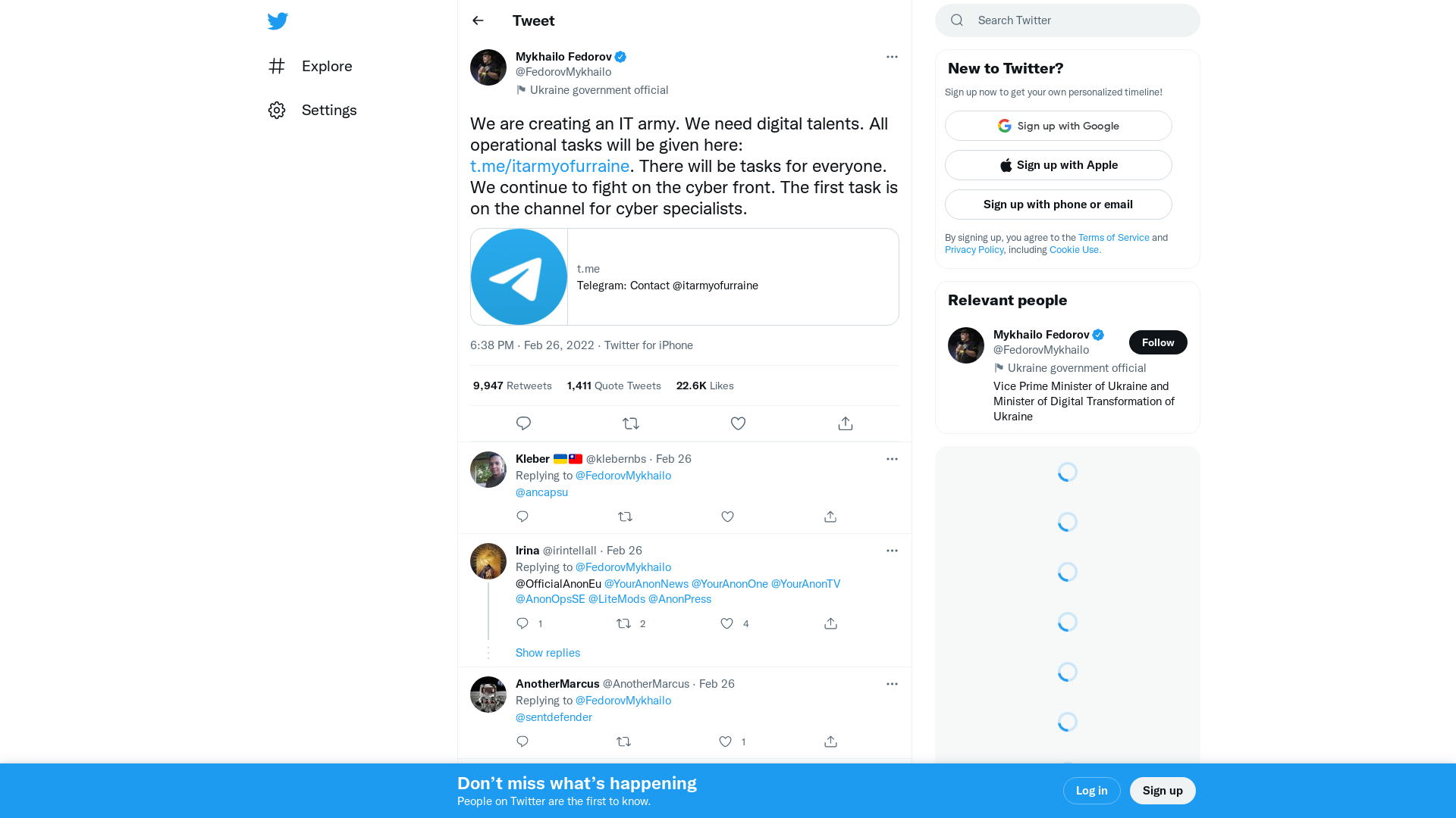 Mykhailo Fedorov on Twitter: "We are creating an IT army. We need digital talents. All operational tasks will be given here: https://t.co/Ie4ESfxoSn. There will be tasks for everyone. We continue to fight on the cyber front. The first task is on the channel for cyber specialists." / Twitter